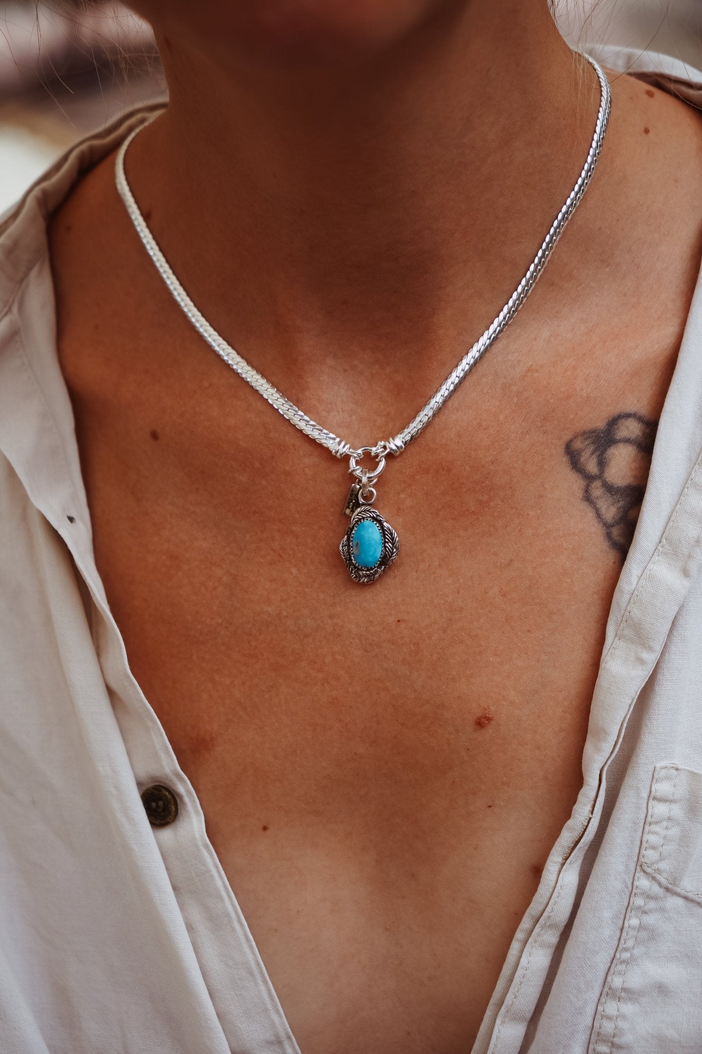 Kiln - Fired Fine Silver Necklace in Blue Ridge Turquoise - Golden Road Crafted