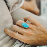 Kingman Turquoise Ring with Sterling Silver Leaf Prong (Size 6.5) - Golden Road Crafted