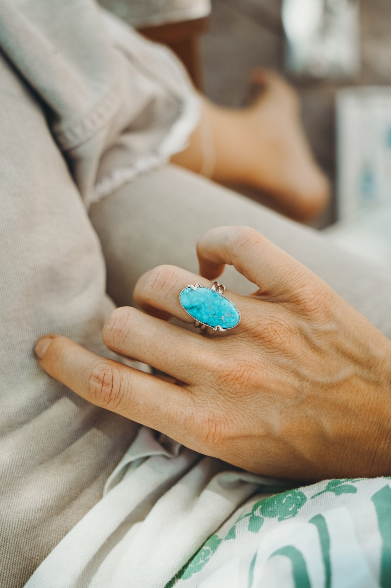 Kingman Turquoise Ring with Sterling Silver Leaf Prong (Size 6.5) - Golden Road Crafted