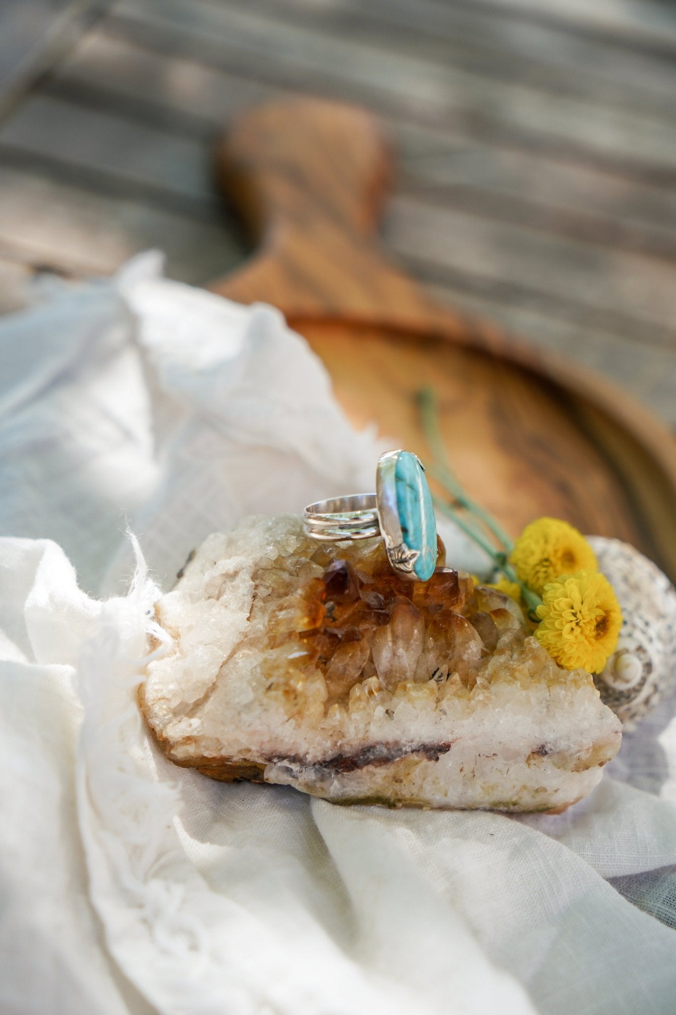 Kingman Turquoise Ring with Sterling Silver Leaf Prong (Size 6.5) - Golden Road Crafted