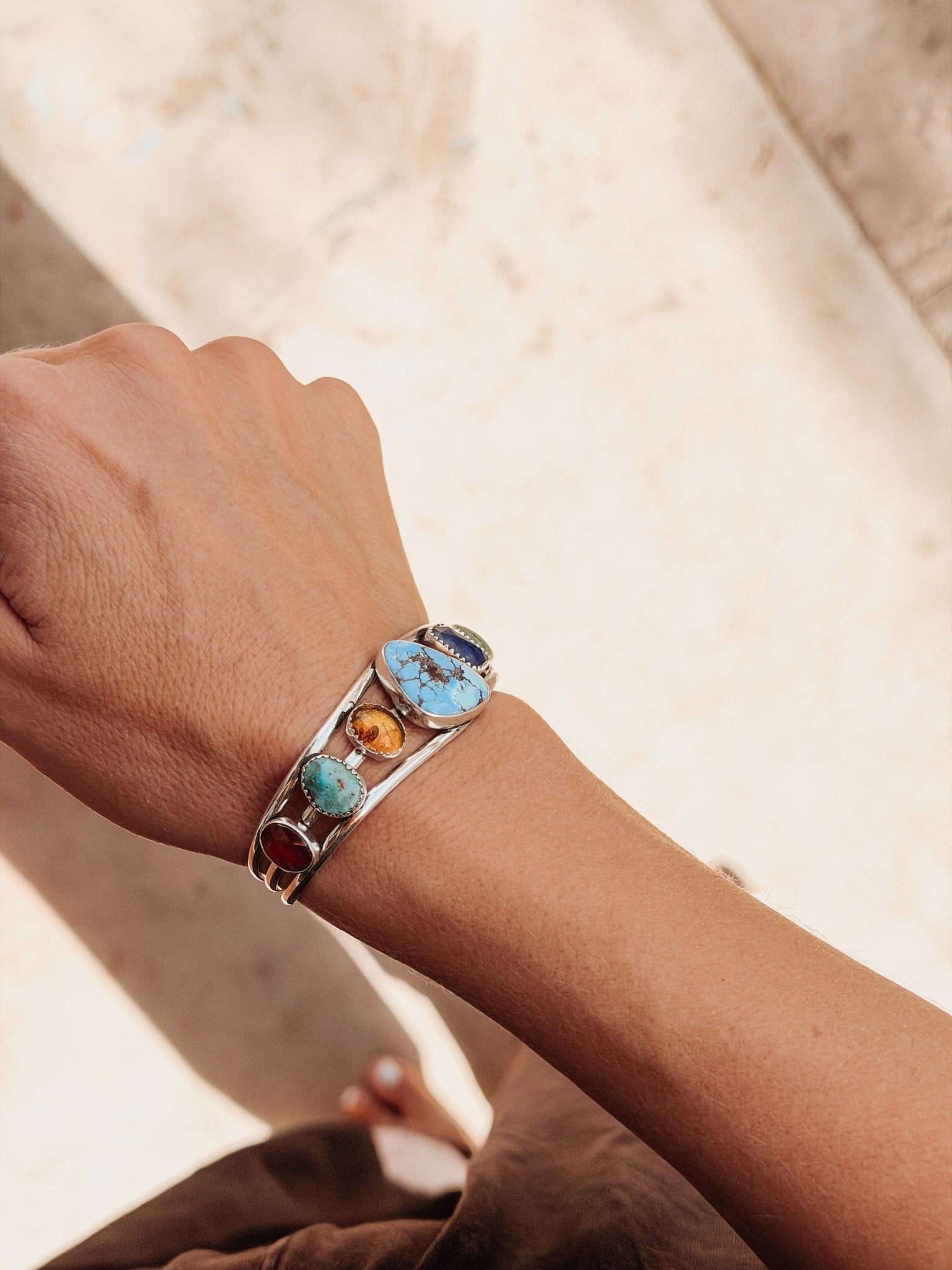 Kitchen Sink Cuff in Golden Hills, Sonoran Gem, Iron Maiden, Amber, & Kyanite - Golden Road Crafted