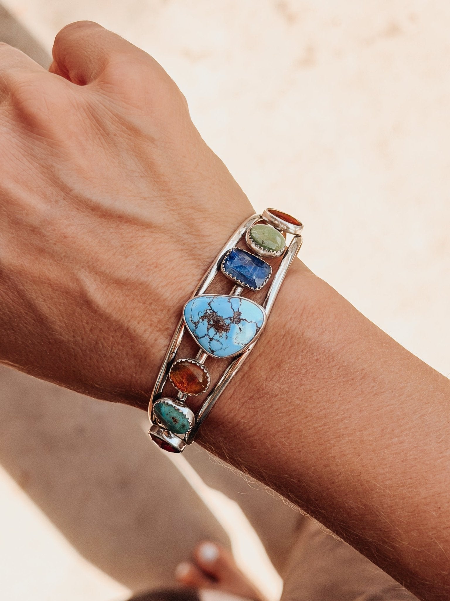 Kitchen Sink Cuff in Golden Hills, Sonoran Gem, Iron Maiden, Amber, & Kyanite - Golden Road Crafted