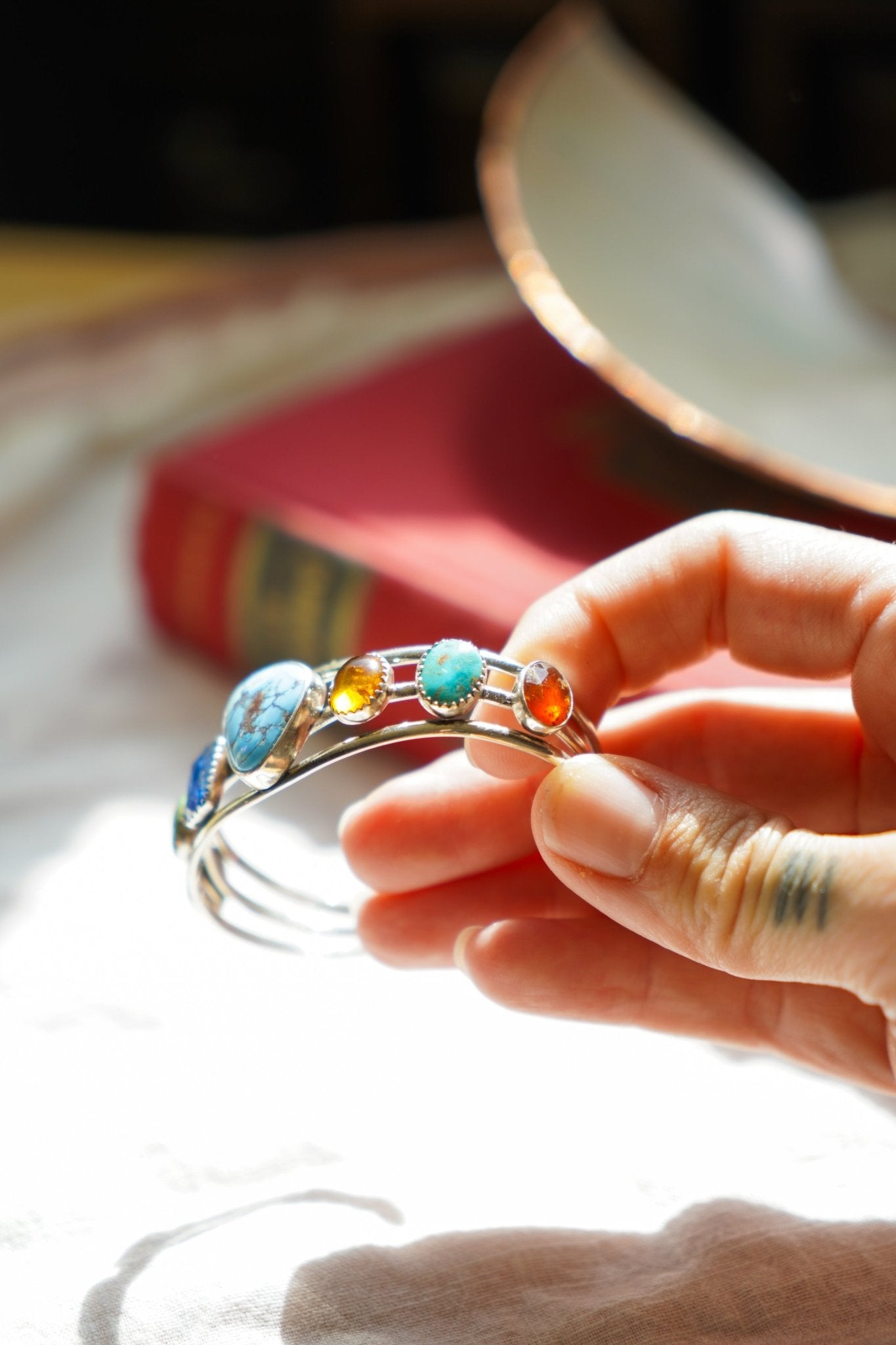Kitchen Sink Cuff in Golden Hills, Sonoran Gem, Iron Maiden, Amber, & Kyanite - Golden Road Crafted