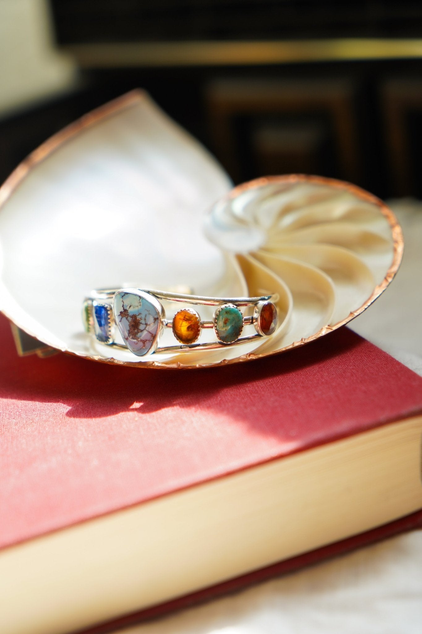 Kitchen Sink Cuff in Golden Hills, Sonoran Gem, Iron Maiden, Amber, & Kyanite - Golden Road Crafted