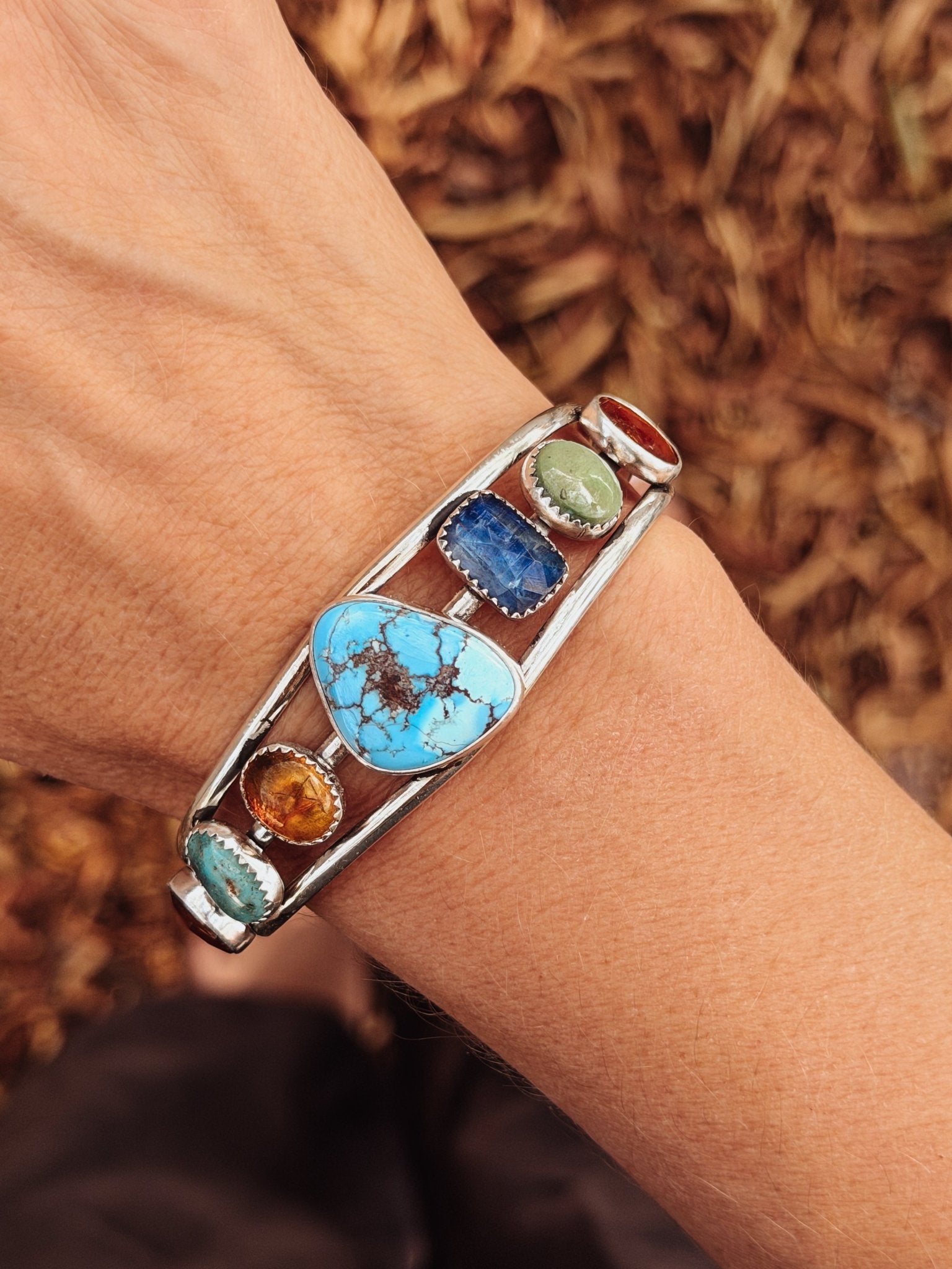 Kitchen Sink Cuff in Golden Hills, Sonoran Gem, Iron Maiden, Amber, & Kyanite - Golden Road Crafted