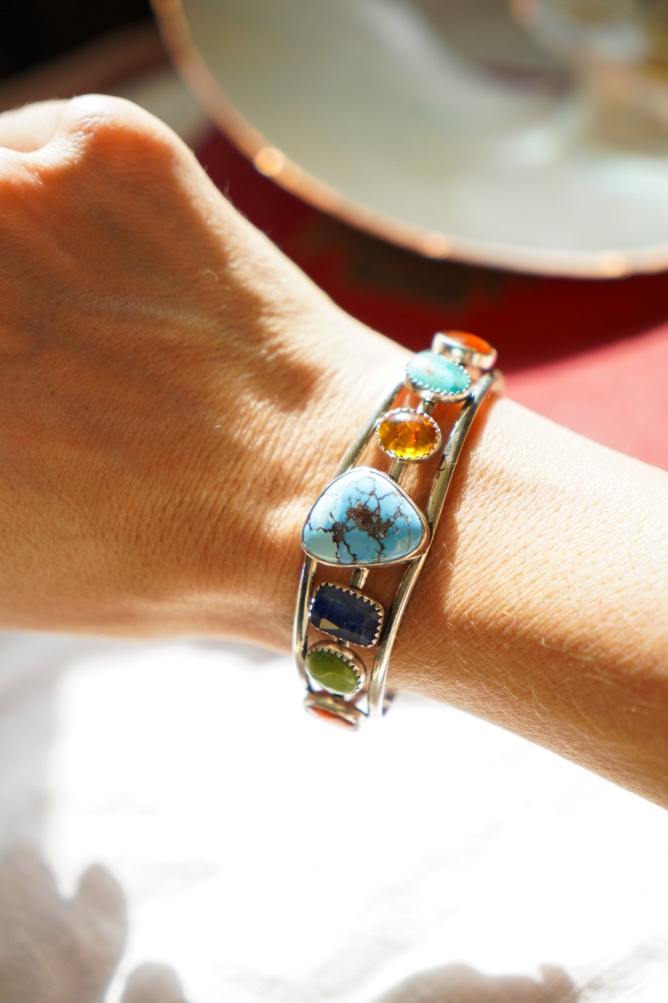 Kitchen Sink Cuff in Golden Hills, Sonoran Gem, Iron Maiden, Amber, & Kyanite - Golden Road Crafted