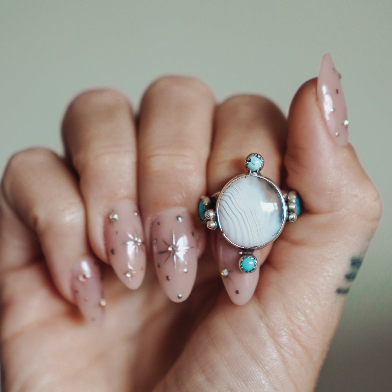 Lace Agate & Lone Mtn Turquoise Ring (Size 7) - Golden Road Crafted