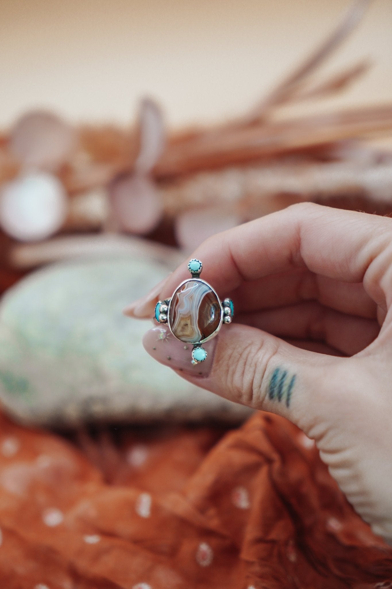 Lace Agate & Lone Mtn Turquoise Ring (Size 7) - Golden Road Crafted