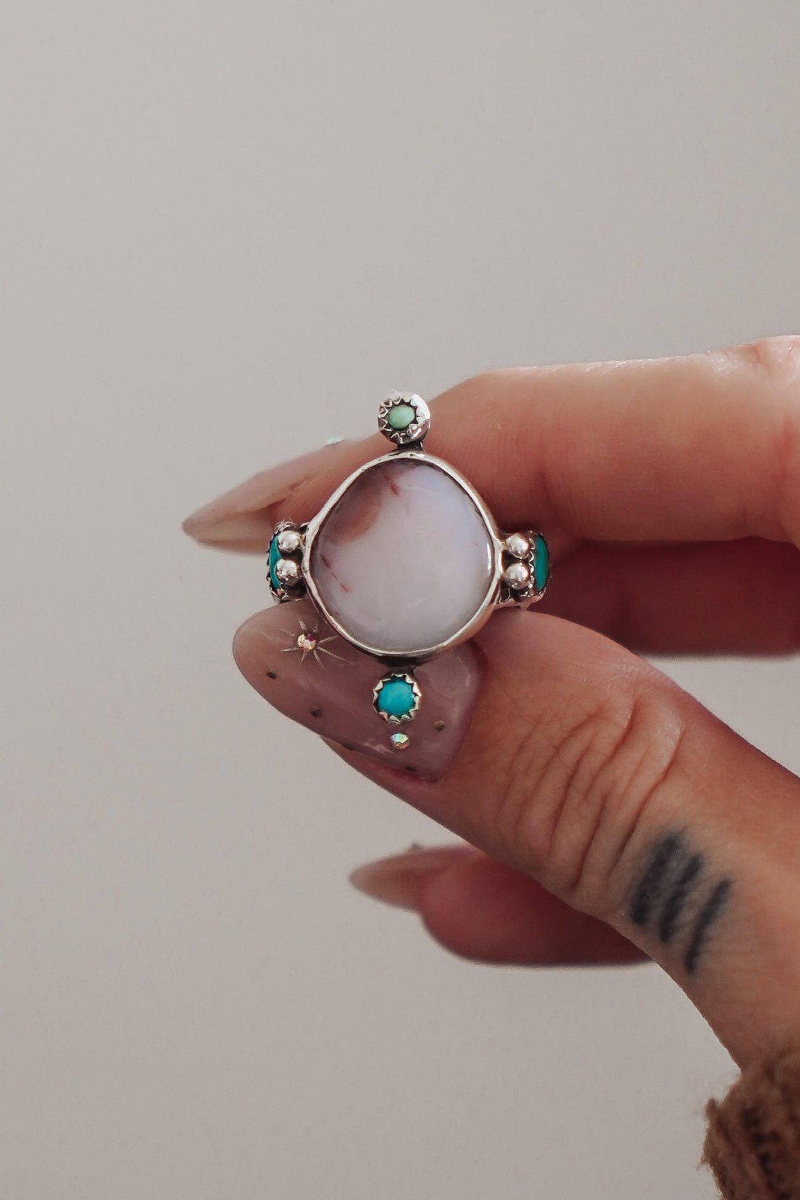 Lace Agate & Lone Mtn Turquoise Ring (Size 9) - Golden Road Crafted
