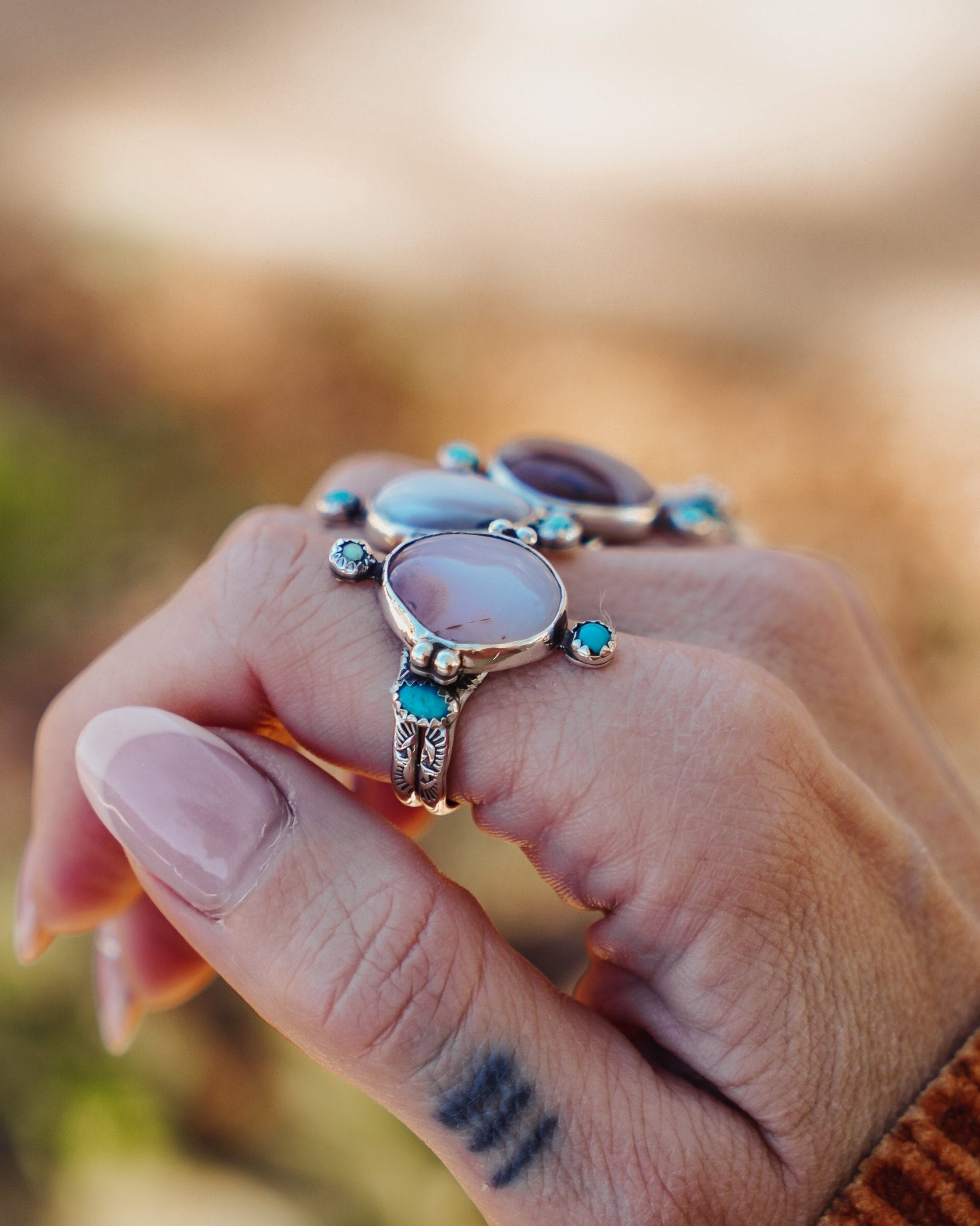 Lace Agate & Lone Mtn Turquoise Ring (Size 9) - Golden Road Crafted