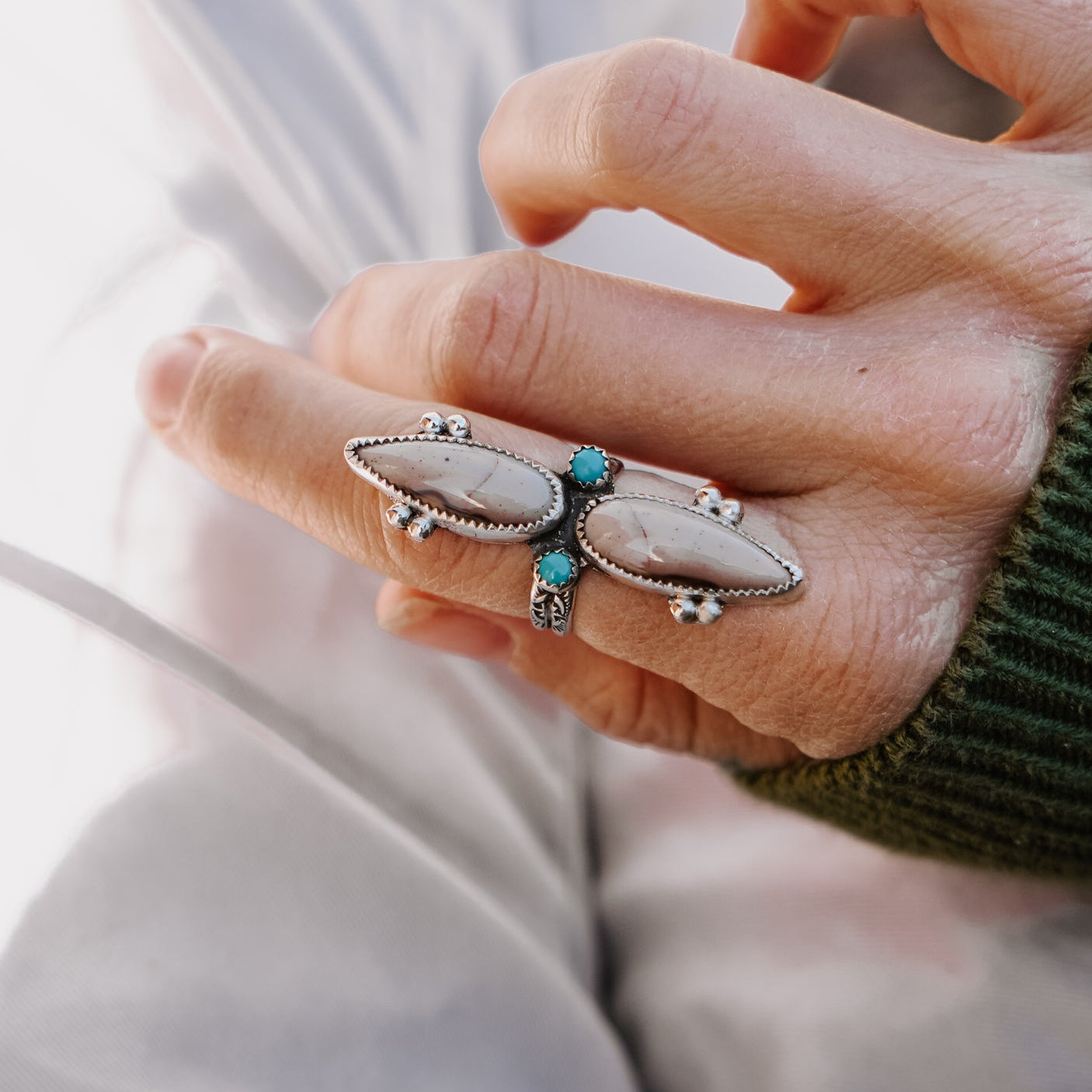 Lace Agate Ring with Lone Mtn Turquoise (Size 7) - Golden Road Crafted