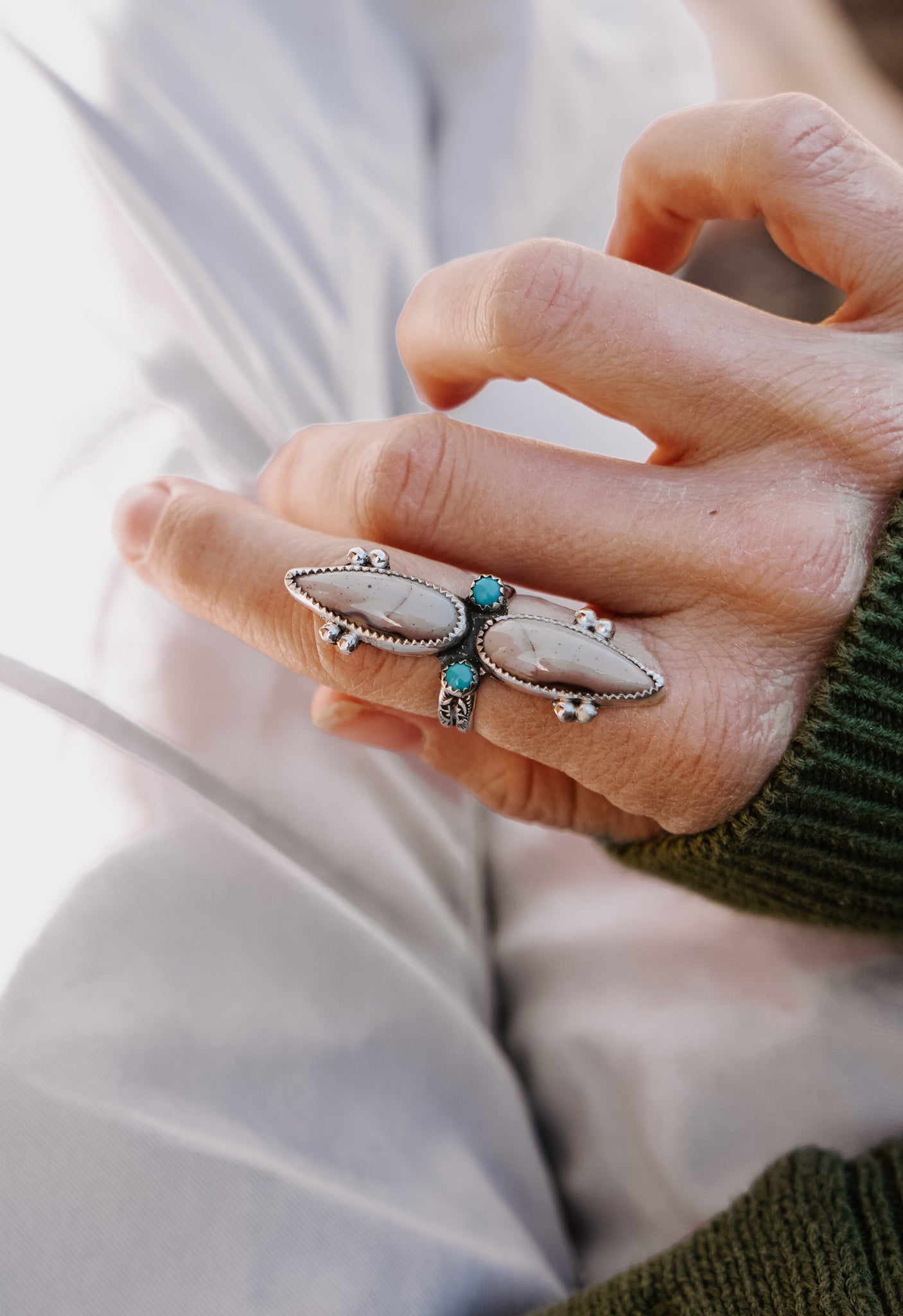 Lace Agate Ring with Lone Mtn Turquoise (Size 7) - Golden Road Crafted