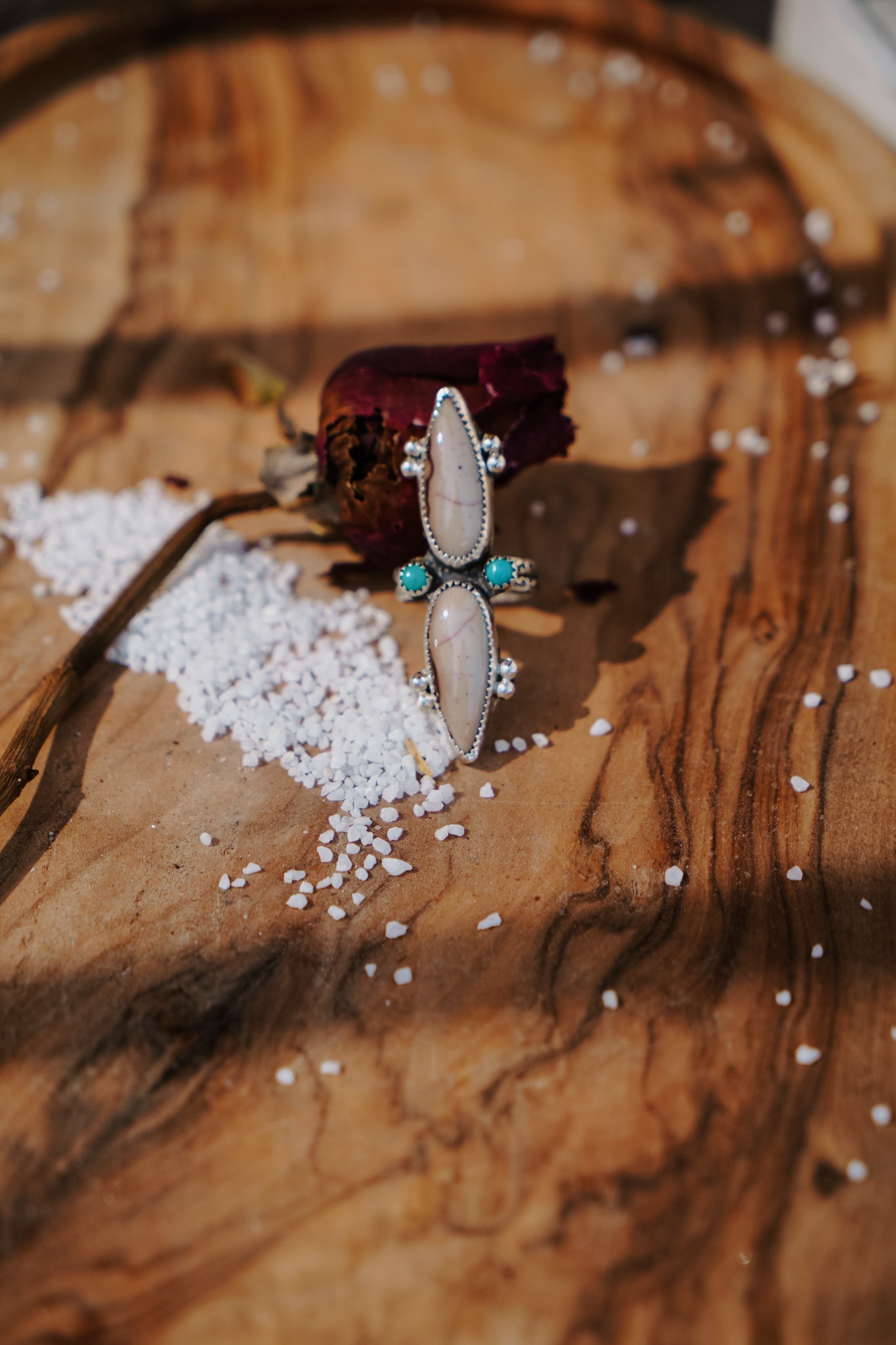 Lace Agate Ring with Lone Mtn Turquoise (Size 7) - Golden Road Crafted