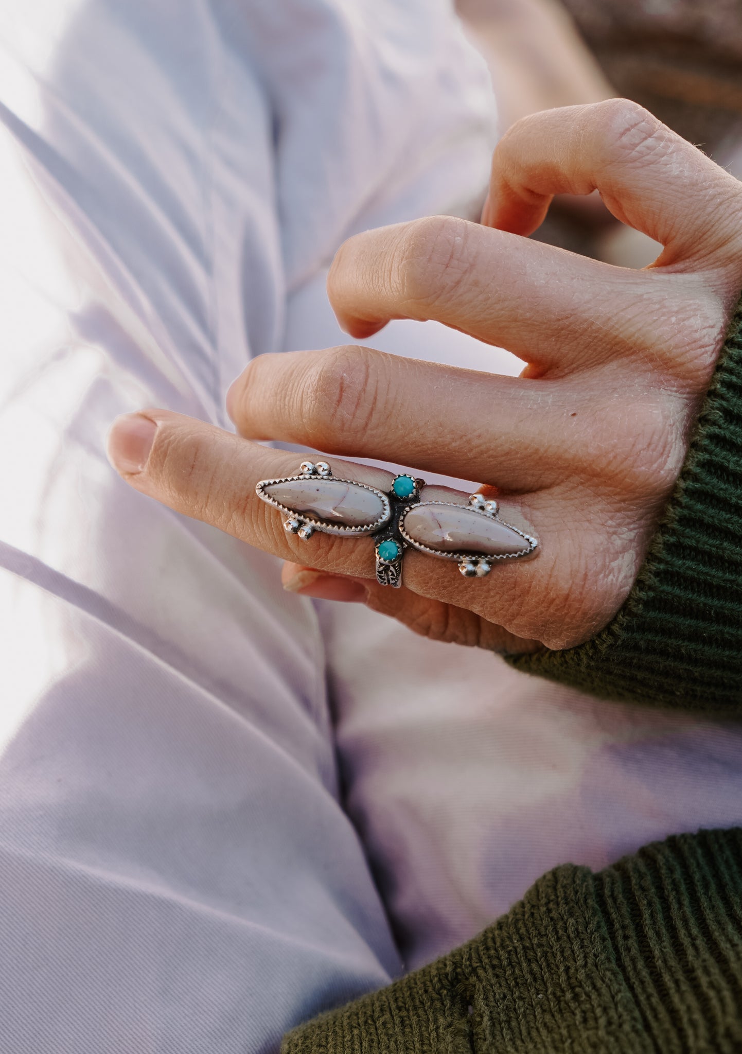 Lace Agate Ring with Lone Mtn Turquoise (Size 7) - Golden Road Crafted