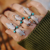 Lace Agate Ring with Lone Mtn Turquoise (Size 7) - Golden Road Crafted