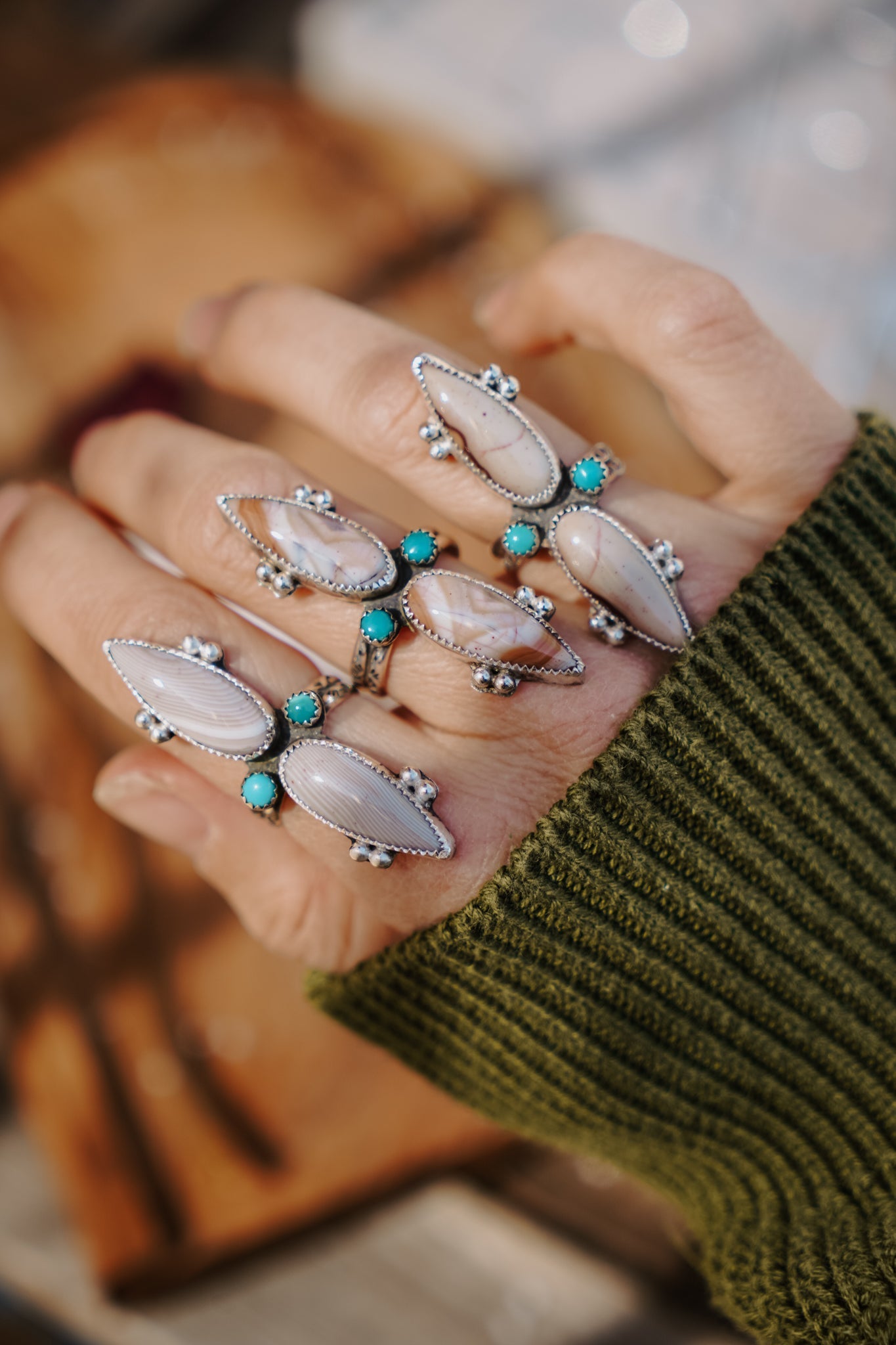 Lace Agate Ring with Lone Mtn Turquoise (Size 7) - Golden Road Crafted