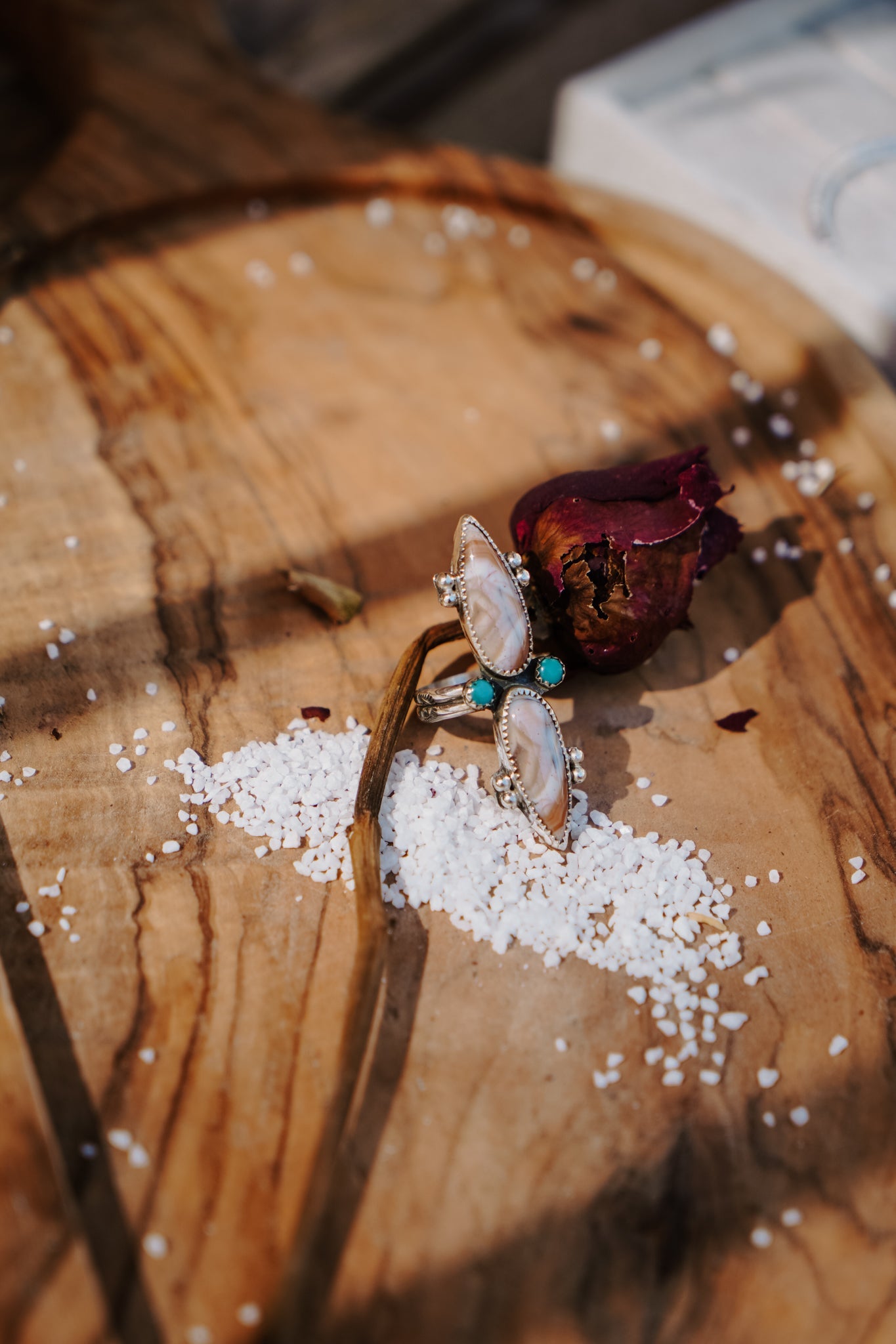 Lace Agate Ring with Lone Mtn Turquoise (Size 9) - Golden Road Crafted