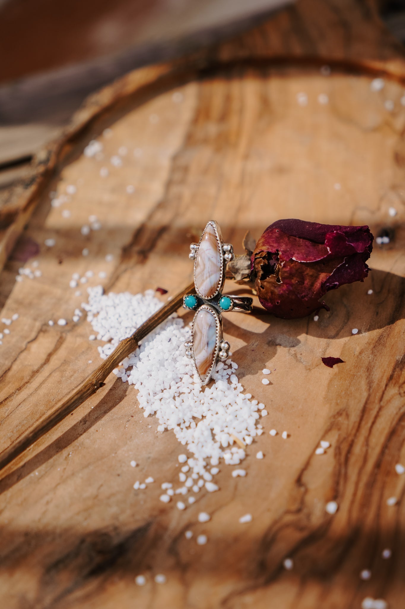Lace Agate Ring with Lone Mtn Turquoise (Size 9) - Golden Road Crafted