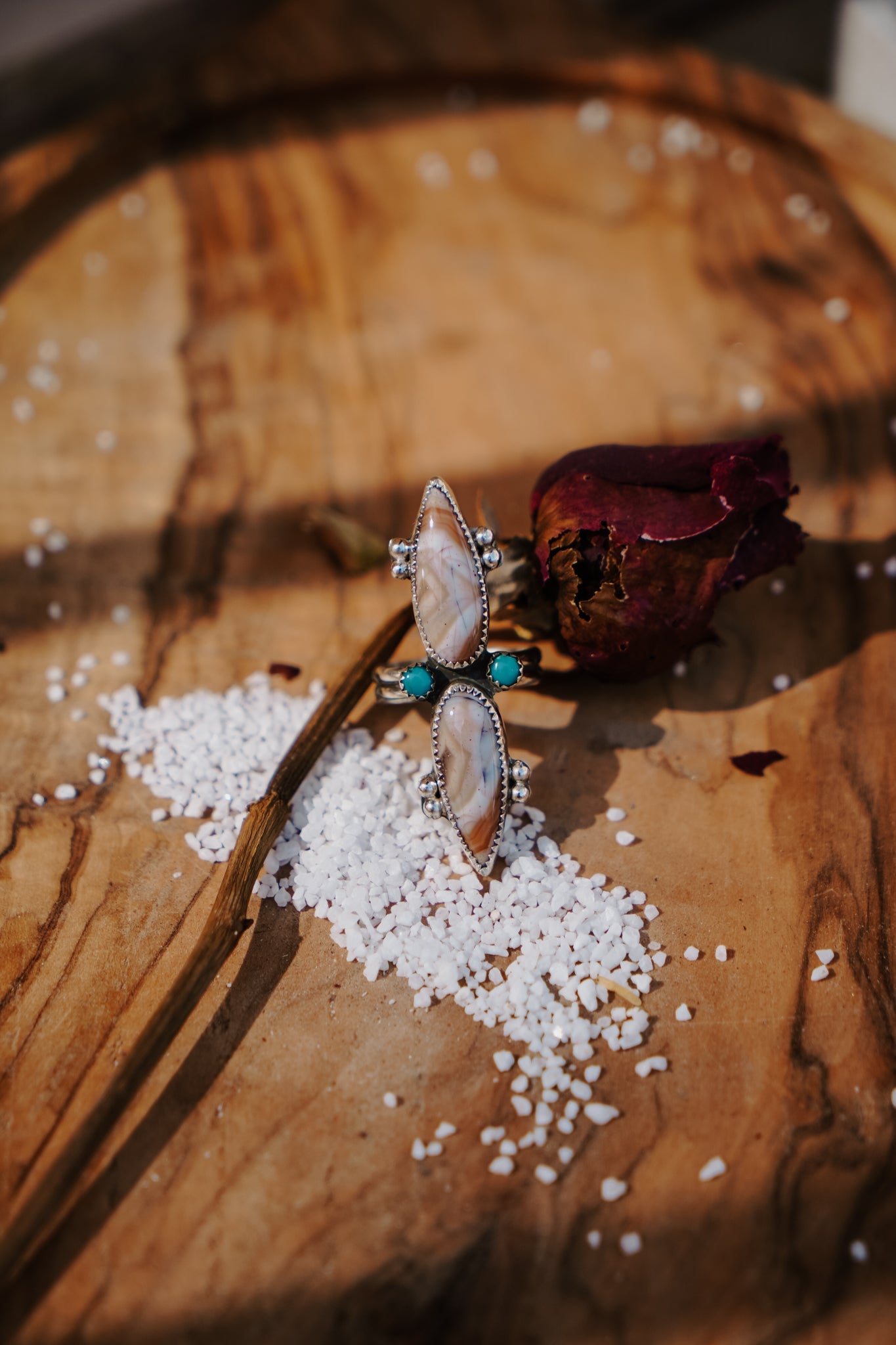 Lace Agate Ring with Lone Mtn Turquoise (Size 9) - Golden Road Crafted