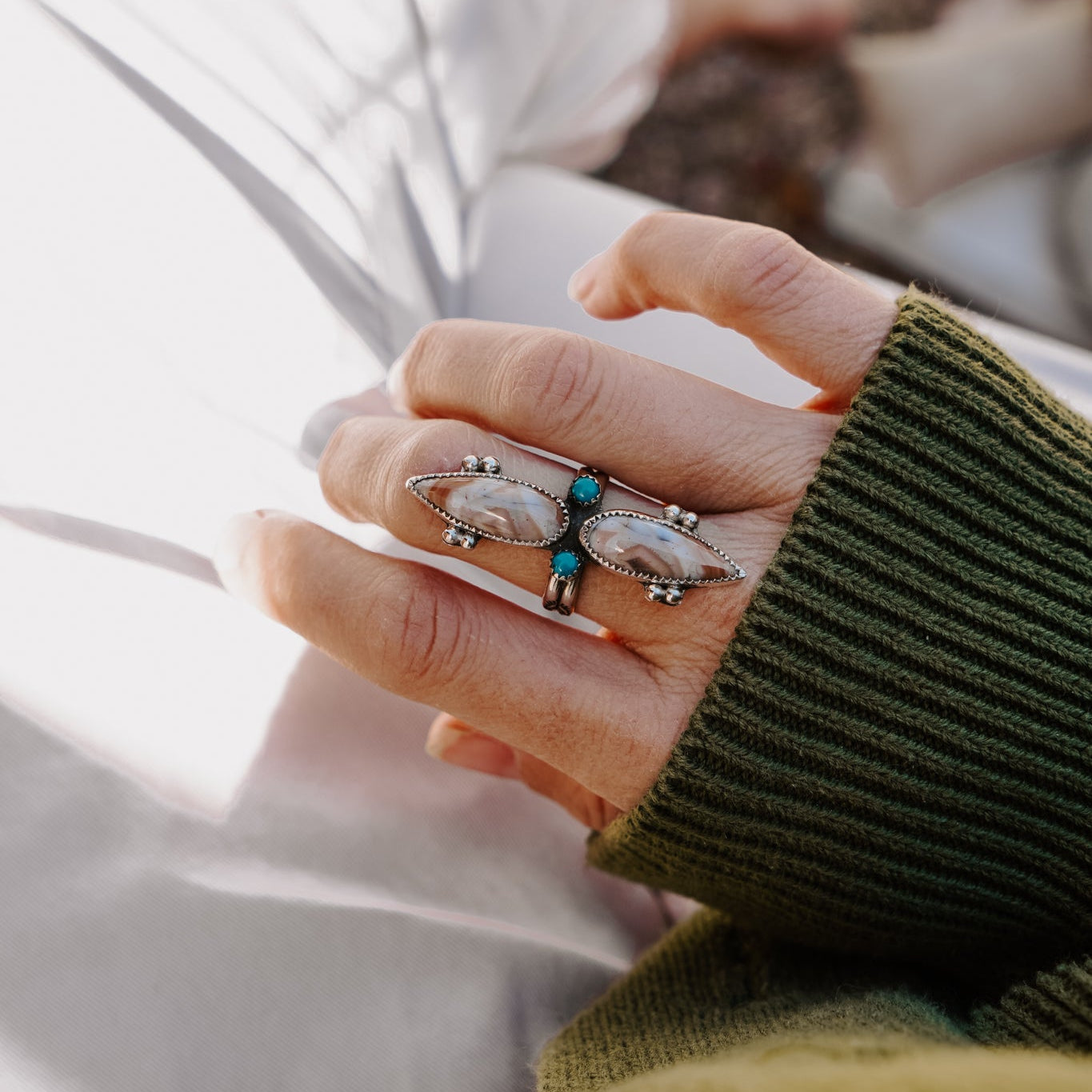 Lace Agate Ring with Lone Mtn Turquoise (Size 9) - Golden Road Crafted