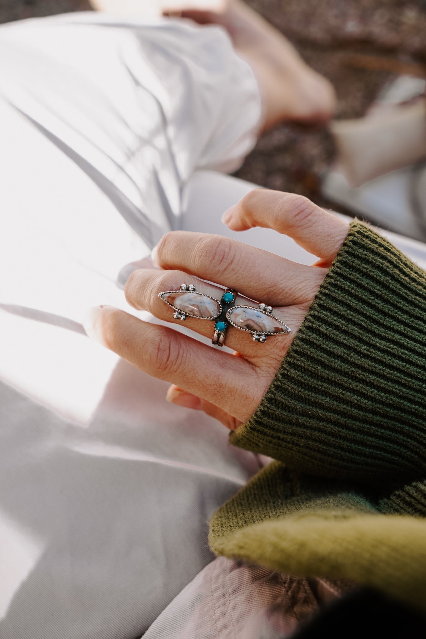 Lace Agate Ring with Lone Mtn Turquoise (Size 9) - Golden Road Crafted