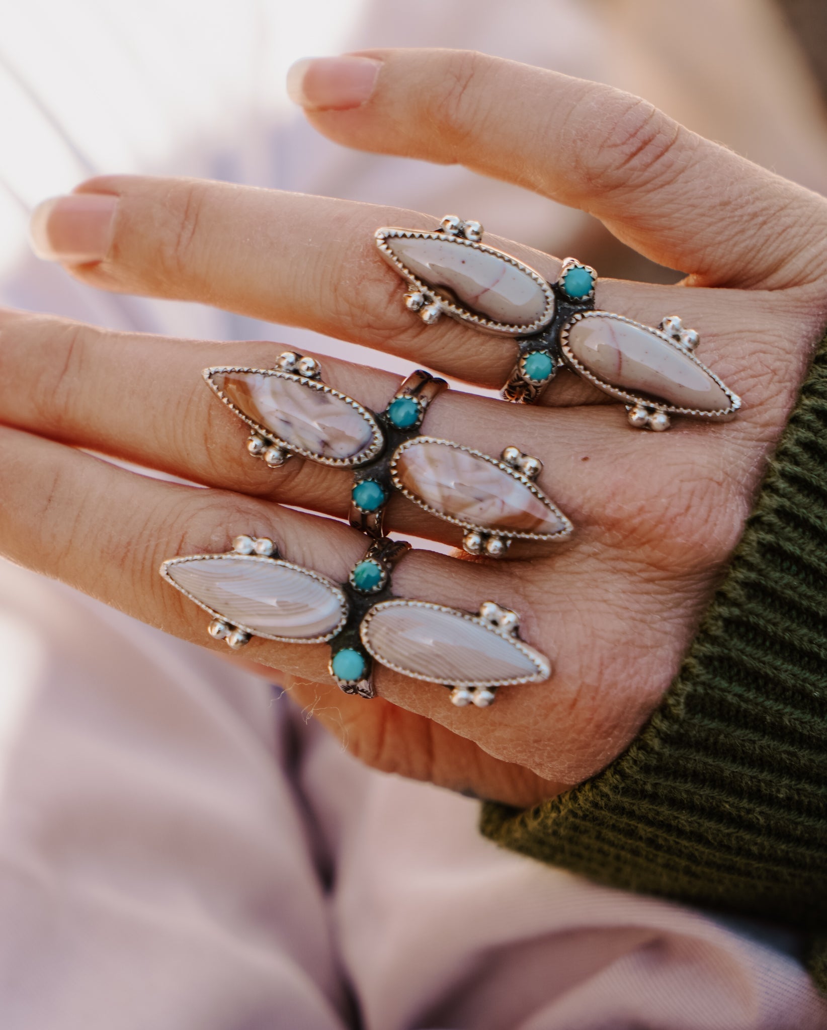 Lace Agate Ring with Lone Mtn Turquoise (Size 9) - Golden Road Crafted