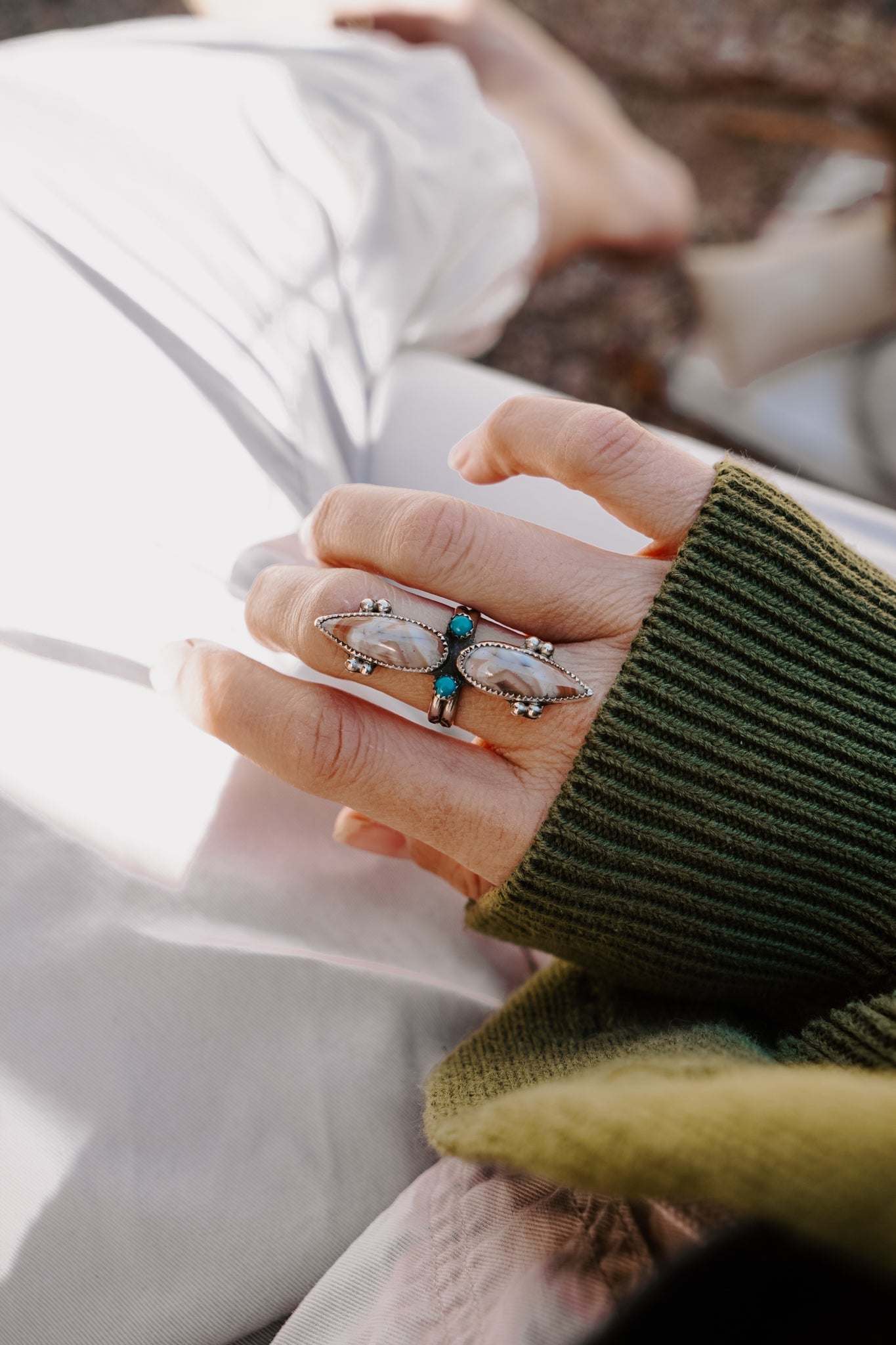 Lace Agate Ring with Lone Mtn Turquoise (Size 9) - Golden Road Crafted