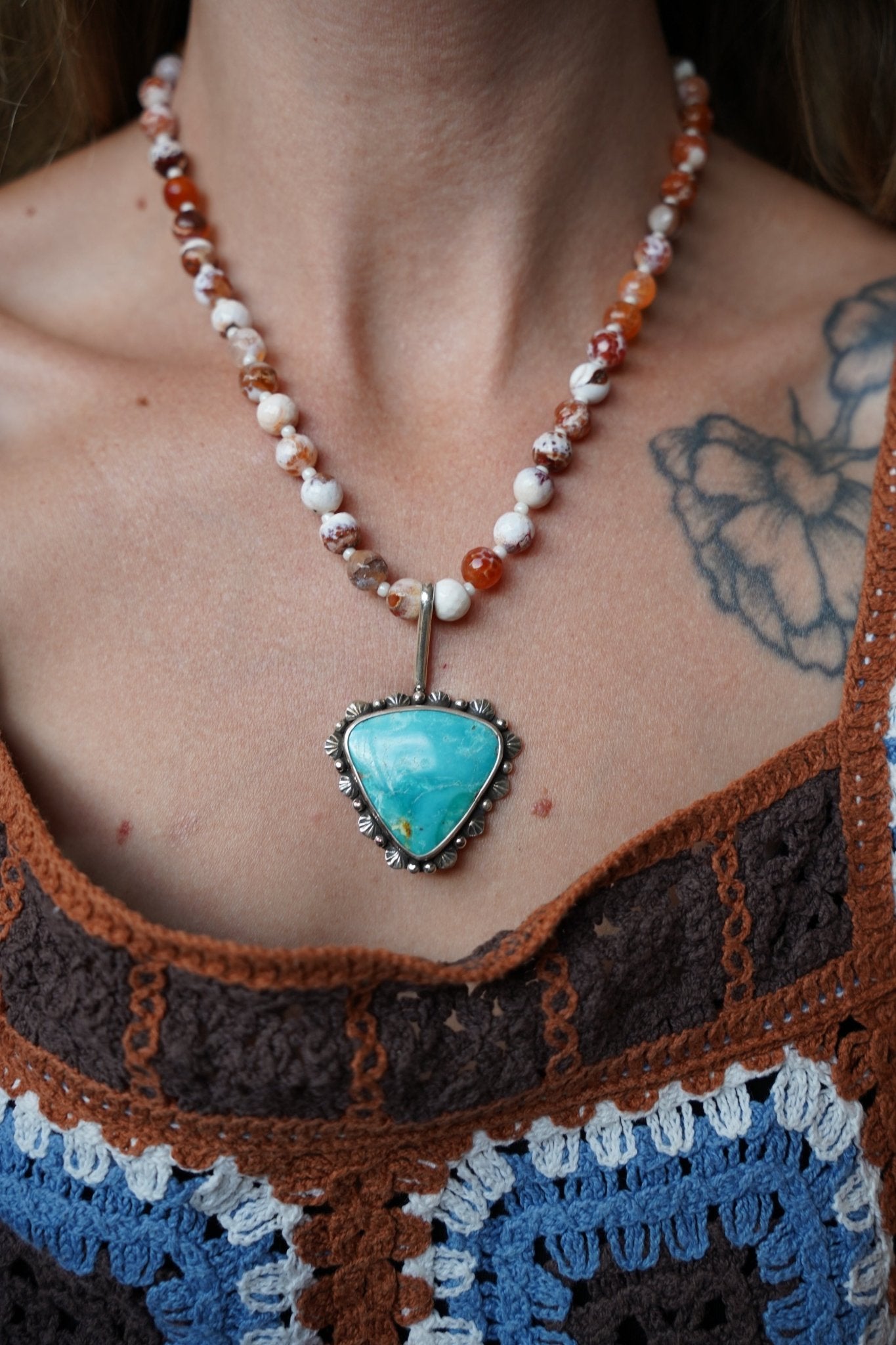 Let it Ride Necklace in Fire Agage & Kingman Turquoise - Golden Road Crafted