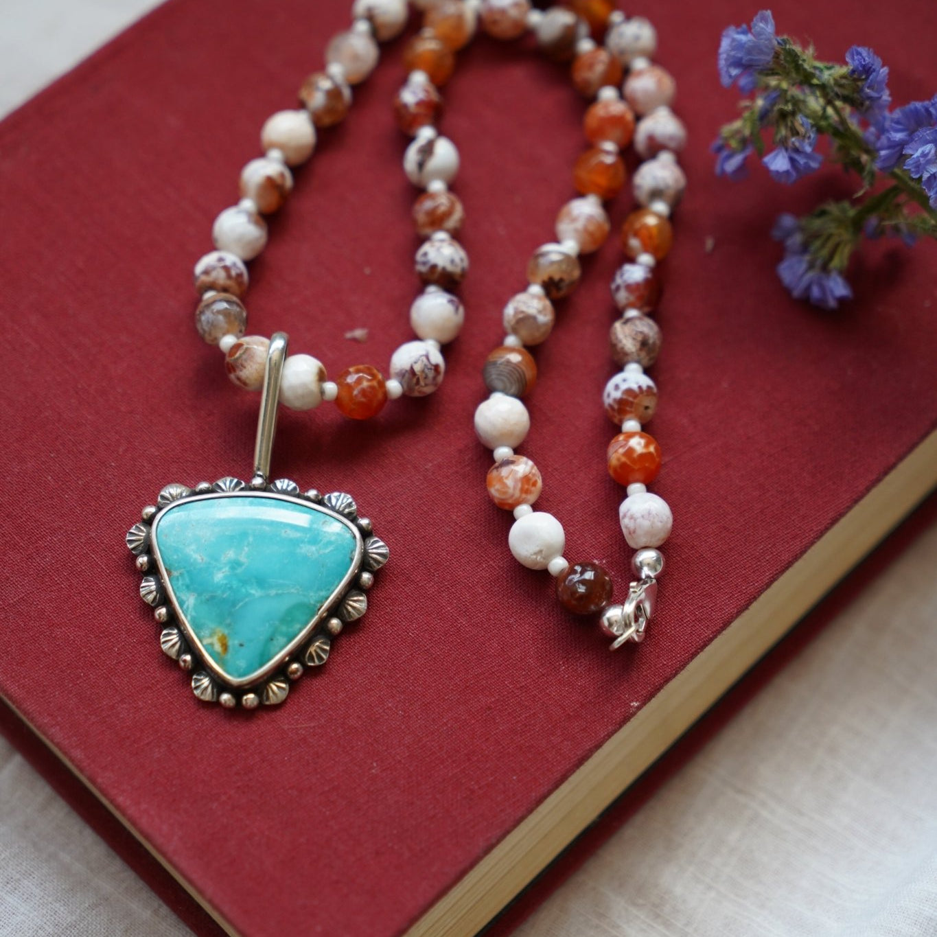 Let it Ride Necklace in Fire Agage & Kingman Turquoise - Golden Road Crafted