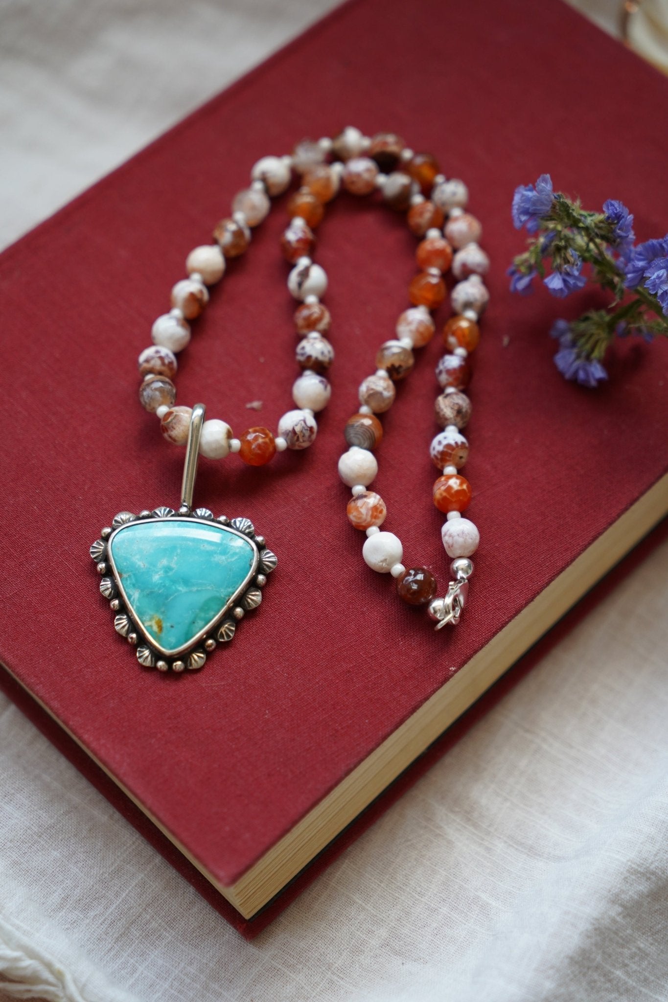 Let it Ride Necklace in Fire Agage & Kingman Turquoise - Golden Road Crafted