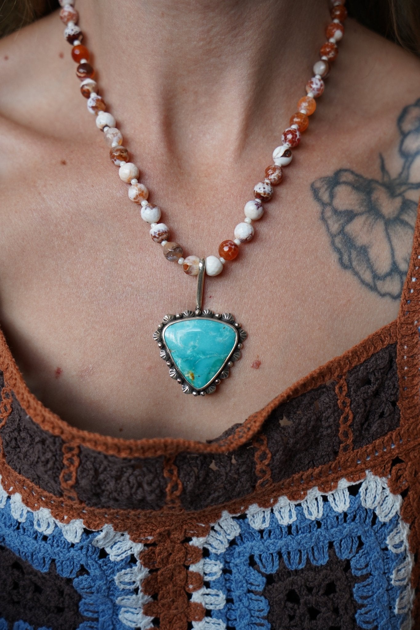 Let it Ride Necklace in Fire Agage & Kingman Turquoise - Golden Road Crafted