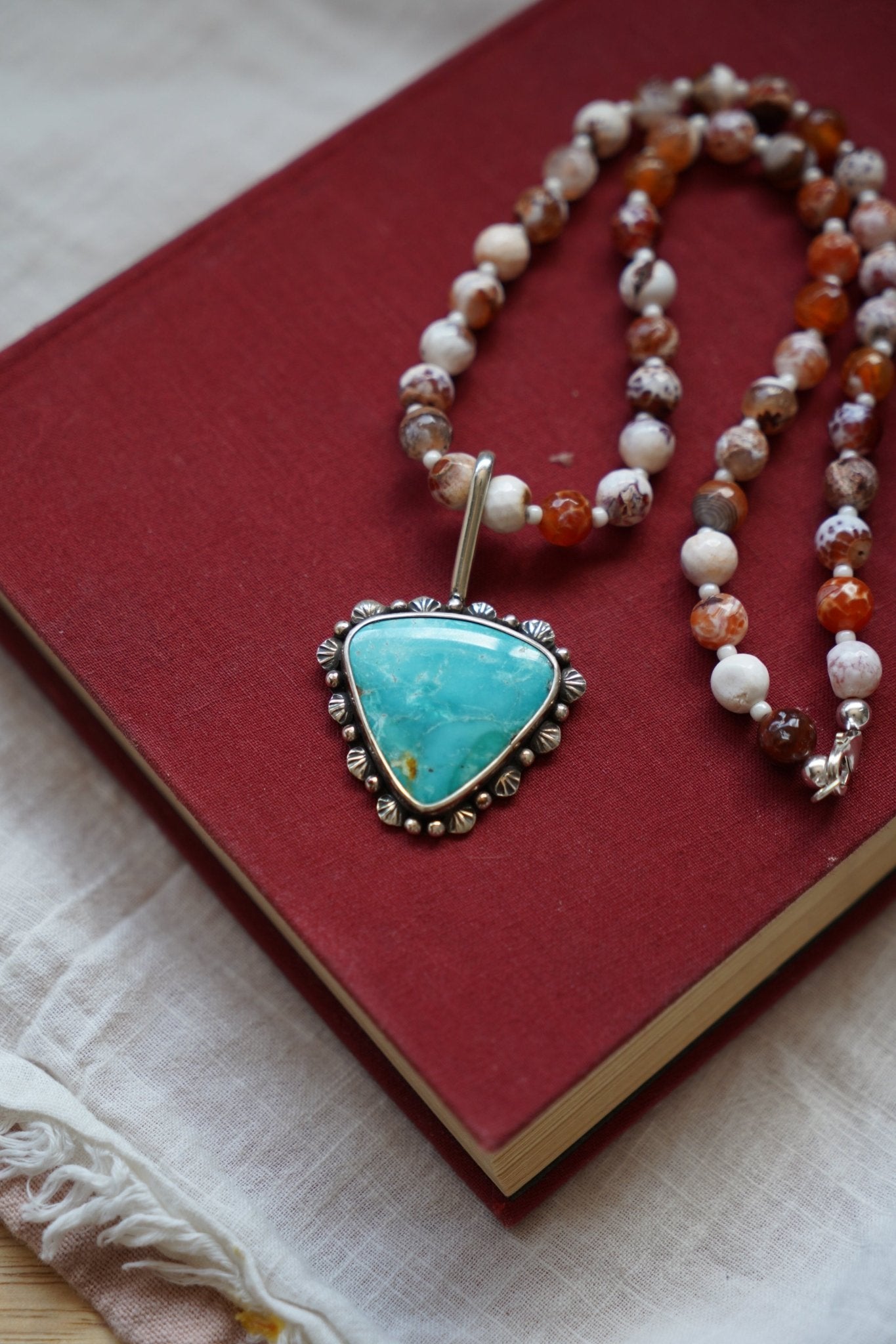 Let it Ride Necklace in Fire Agage & Kingman Turquoise - Golden Road Crafted