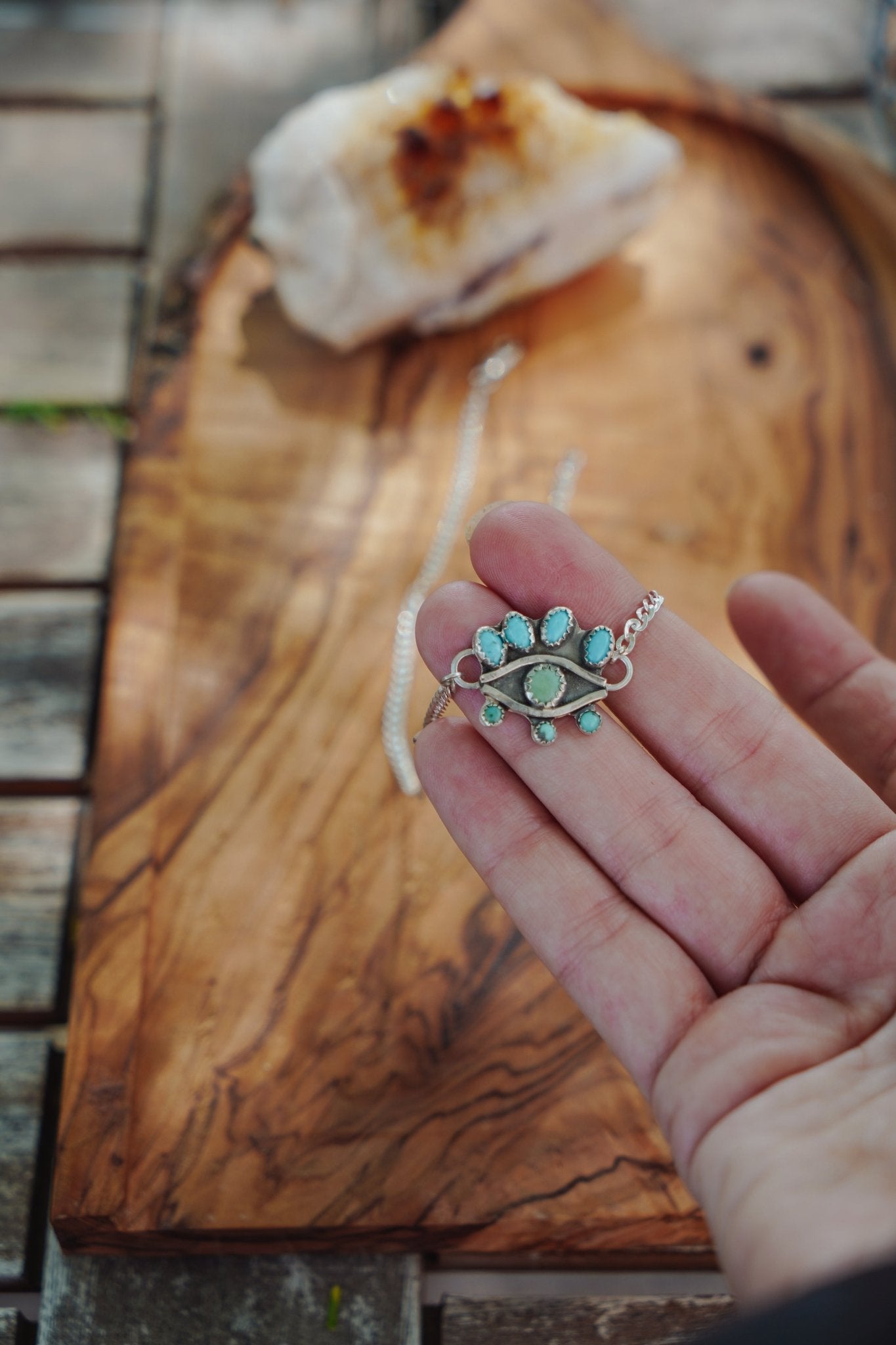 Magic Eye Necklace in Hubei & Lone Mtn Turquoise - Golden Road Crafted