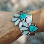 Monsoon Cuff in Moonstone & Tyrone Turquoise - Golden Road Crafted