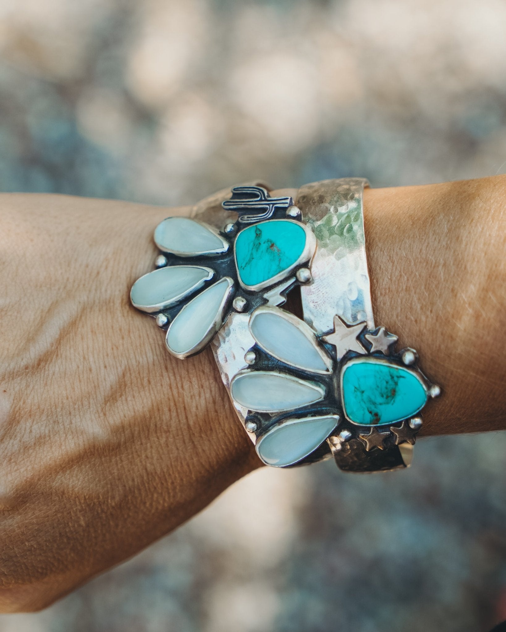 Monsoon Cuff in Moonstone & Tyrone Turquoise - Golden Road Crafted