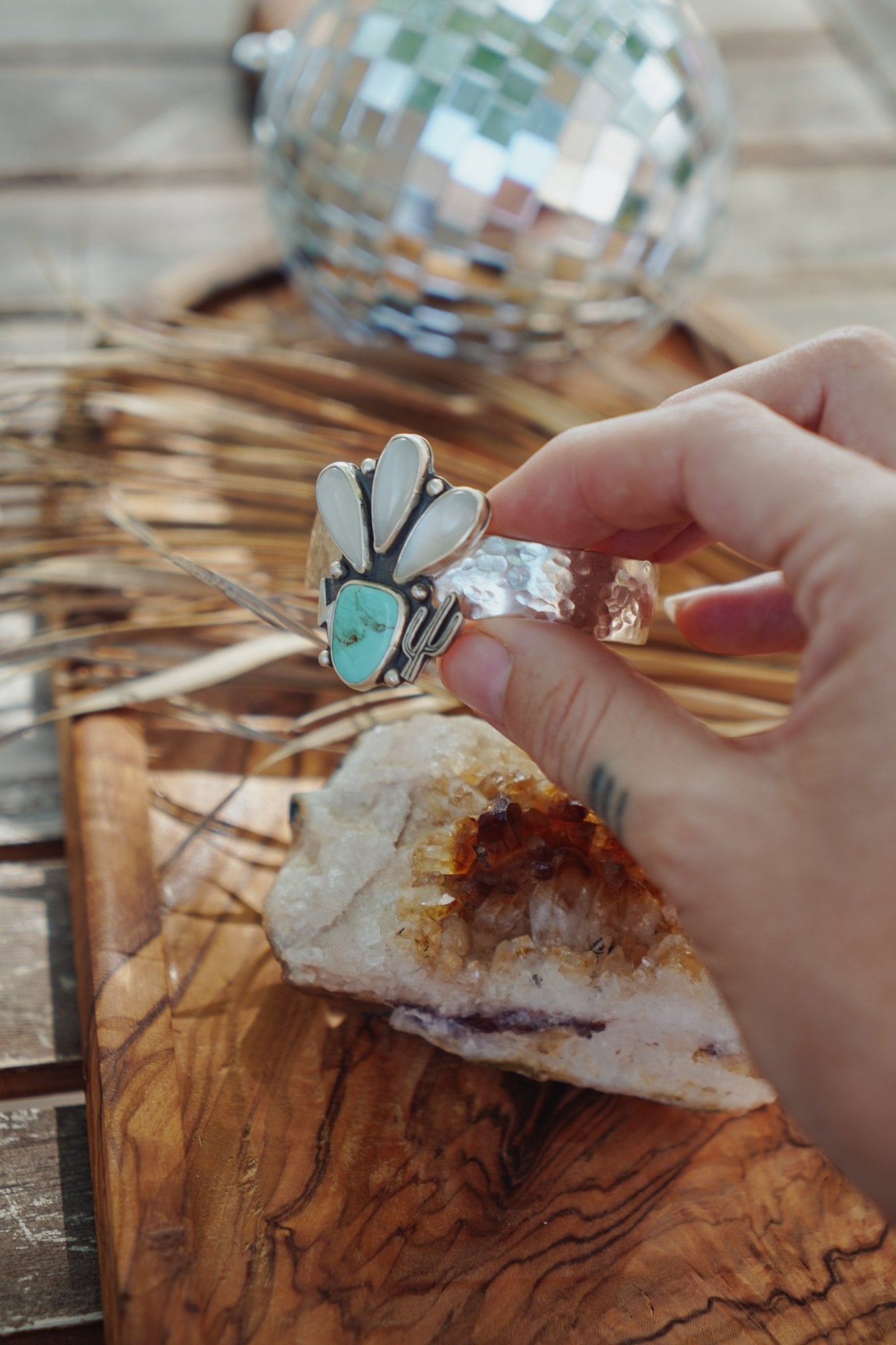 Monsoon Cuff in Moonstone & Tyrone Turquoise - Golden Road Crafted