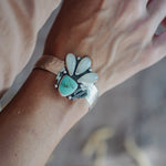 Monsoon Cuff in Moonstone & Tyrone Turquoise - Golden Road Crafted