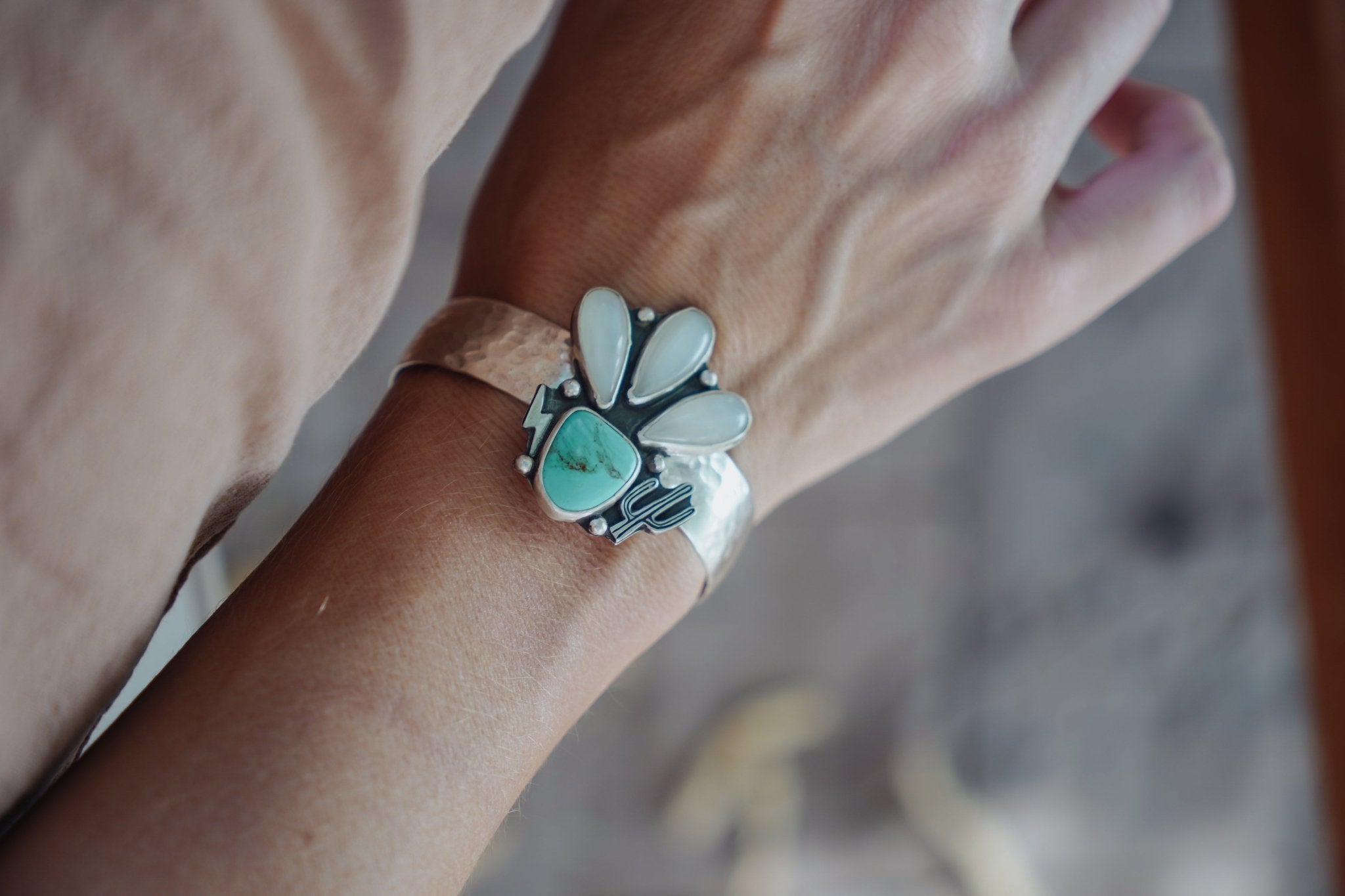 Monsoon Cuff in Moonstone & Tyrone Turquoise - Golden Road Crafted