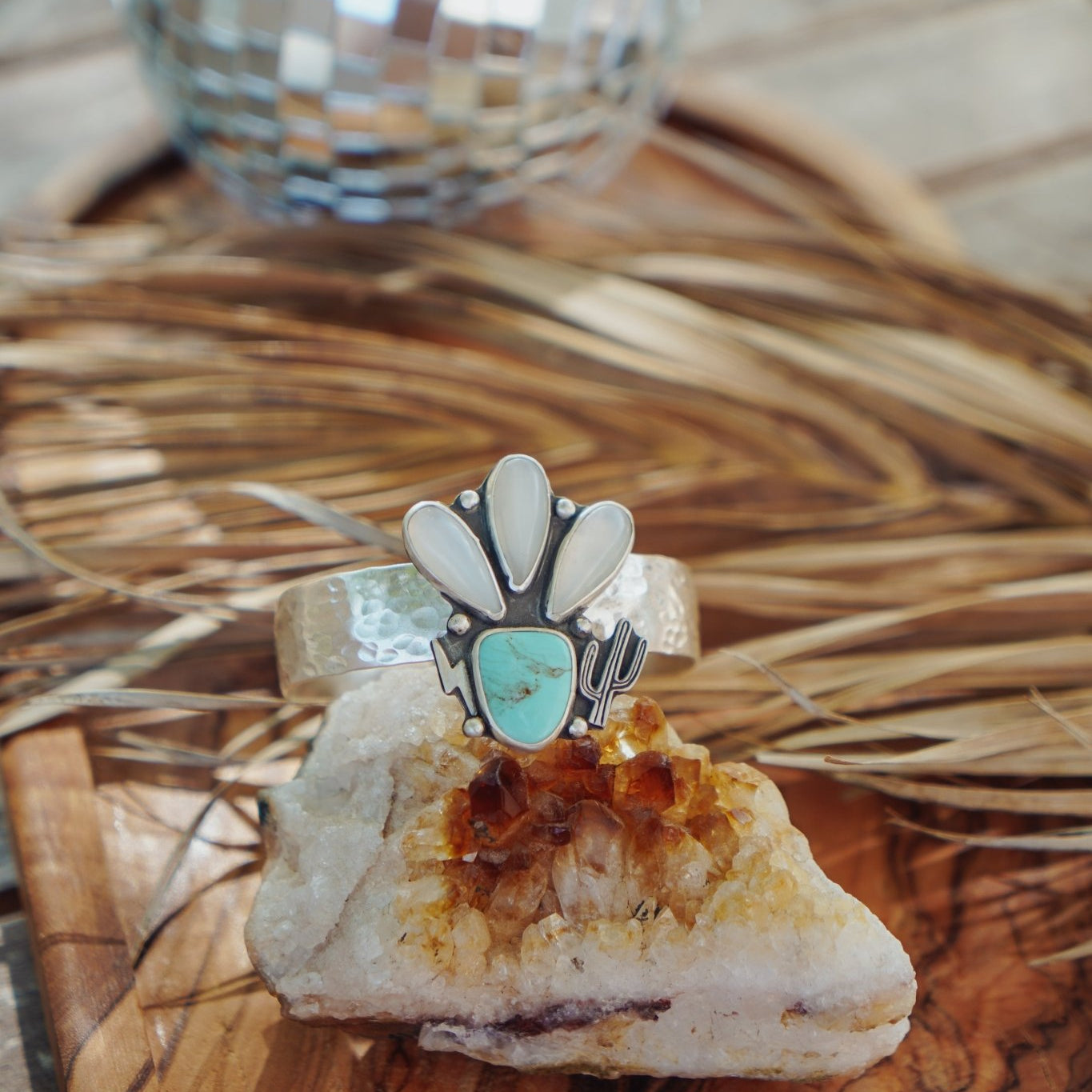 Monsoon Cuff in Moonstone & Tyrone Turquoise - Golden Road Crafted