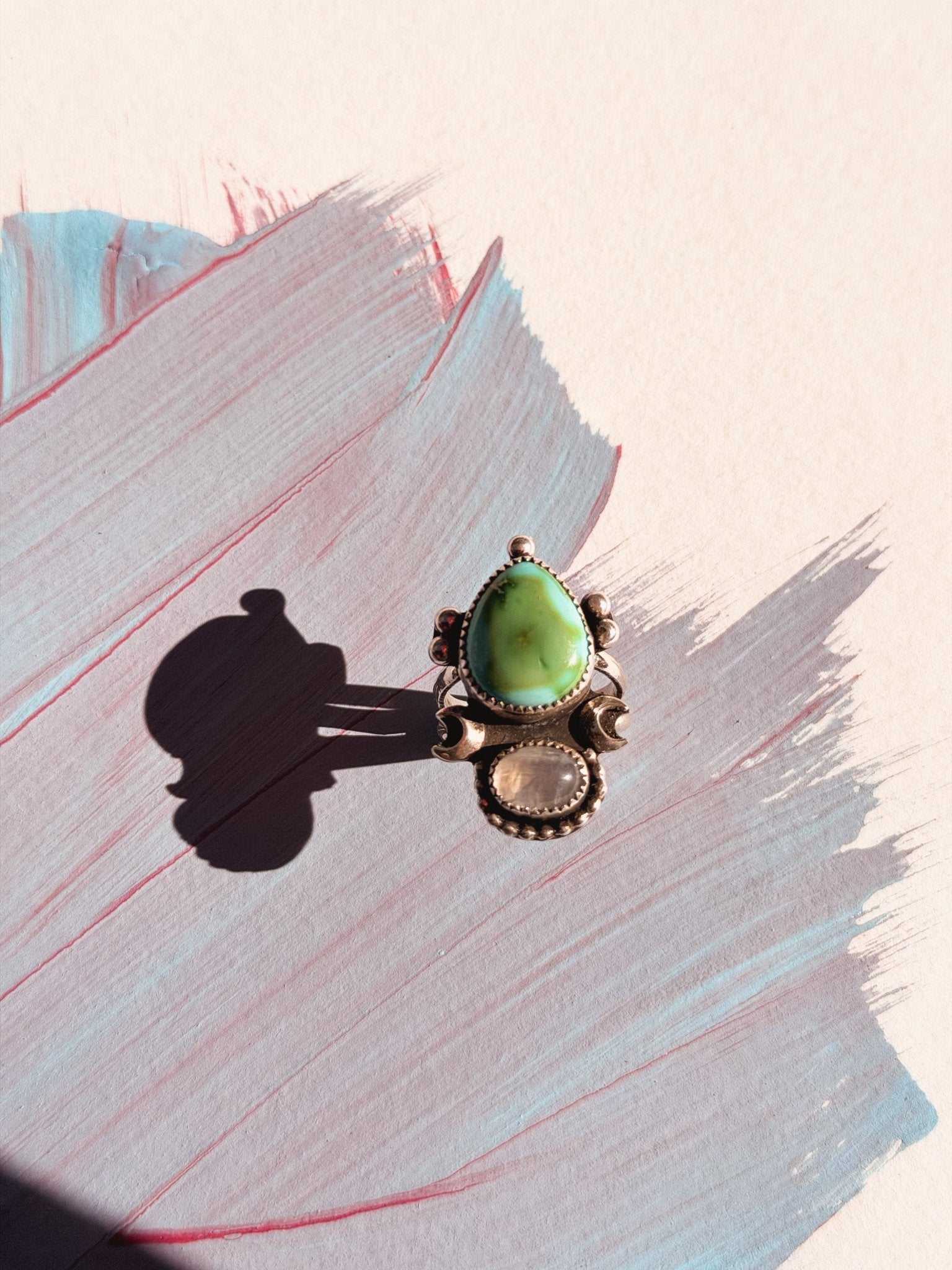 Moon Beam Ring in Sonoran Mtn & Moonstone (Size 7) - Golden Road Crafted