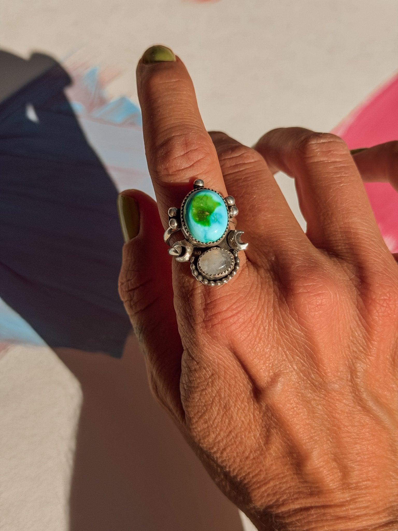 Moon Beam Ring in Sonoran Mtn & Moonstone (Size 7.5) - Golden Road Crafted
