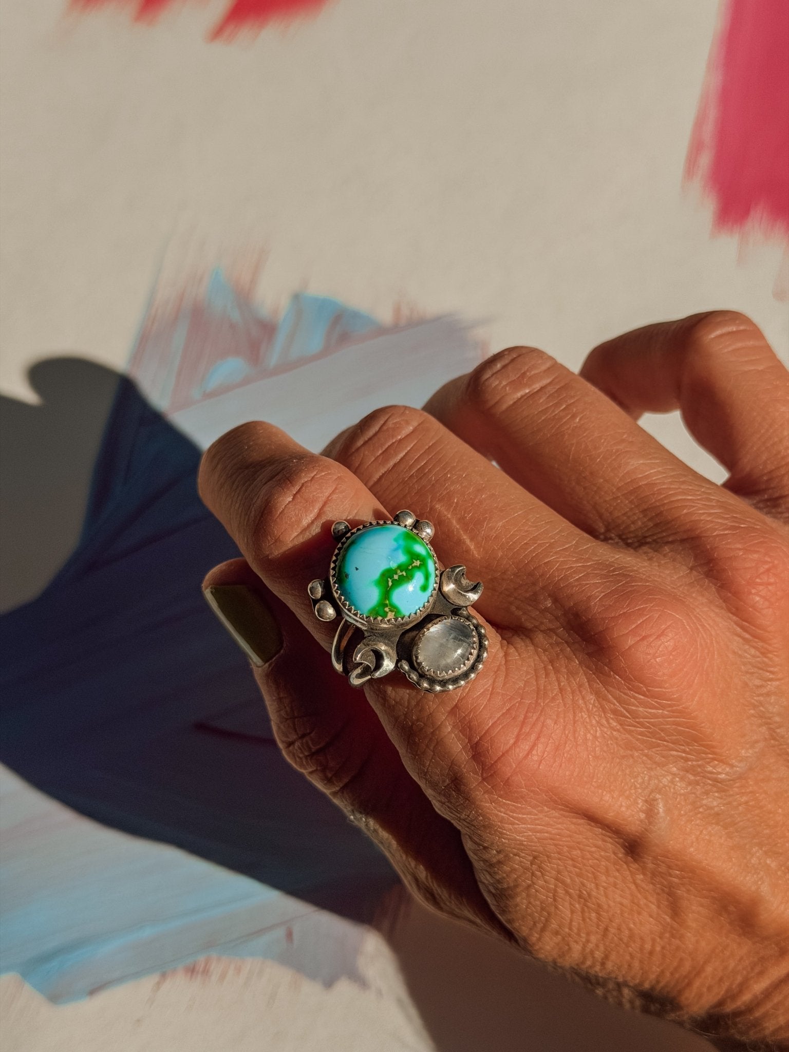 Moon Beam Ring in Sonoran Mtn & Moonstone (Size 9) - Golden Road Crafted