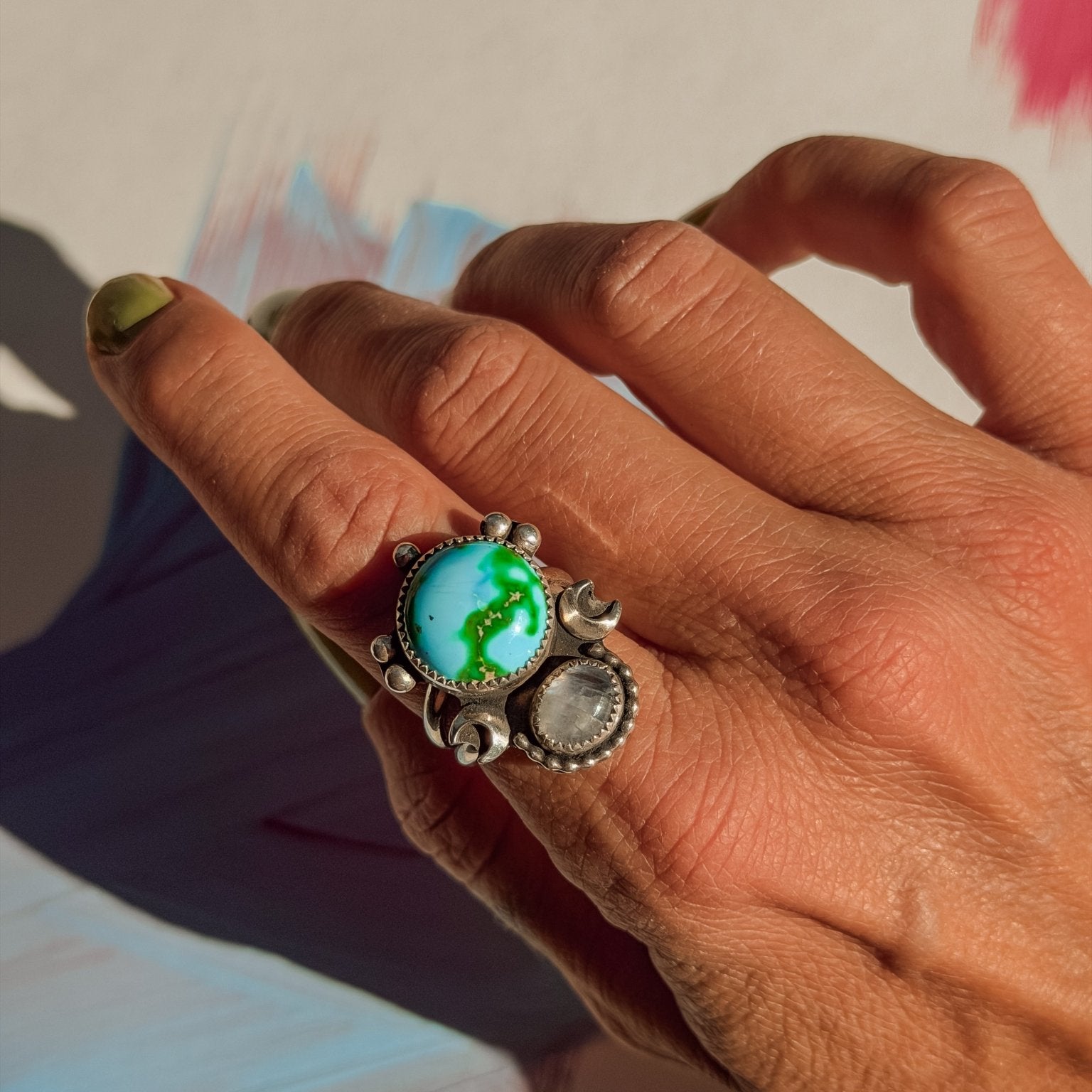 Moon Beam Ring in Sonoran Mtn & Moonstone (Size 9) - Golden Road Crafted