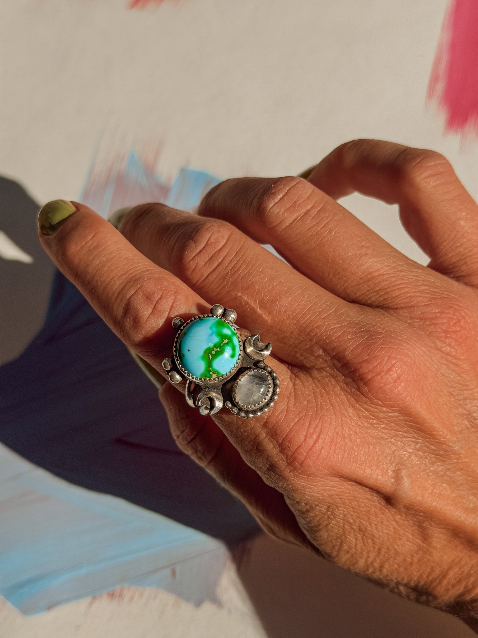 Moon Beam Ring in Sonoran Mtn & Moonstone (Size 9) - Golden Road Crafted