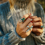 Moonstone & Green Fluorite + Lone Mtn Turquoise Ring (Size 8.5) - Golden Road Crafted
