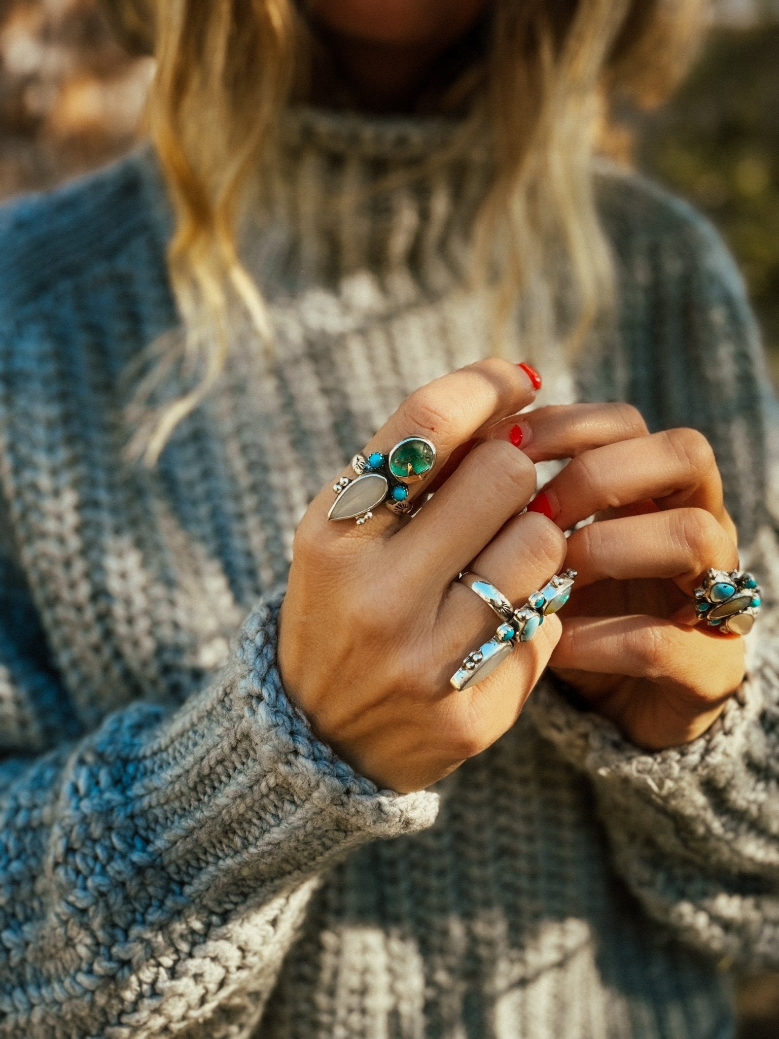 Moonstone & Green Fluorite + Lone Mtn Turquoise Ring (Size 8.5) - Golden Road Crafted