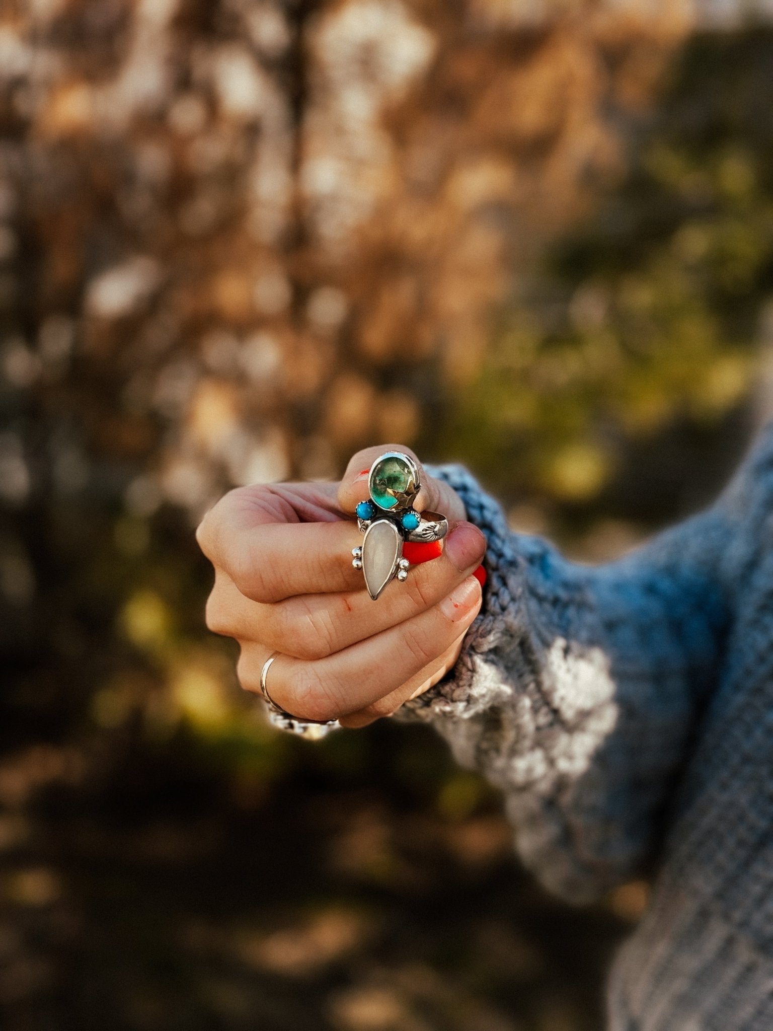 Moonstone & Green Fluorite + Lone Mtn Turquoise Ring (Size 8.5) - Golden Road Crafted