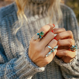 Moonstone & Green Fluorite + Lone Mtn Turquoise Ring (Size 8.5) - Golden Road Crafted