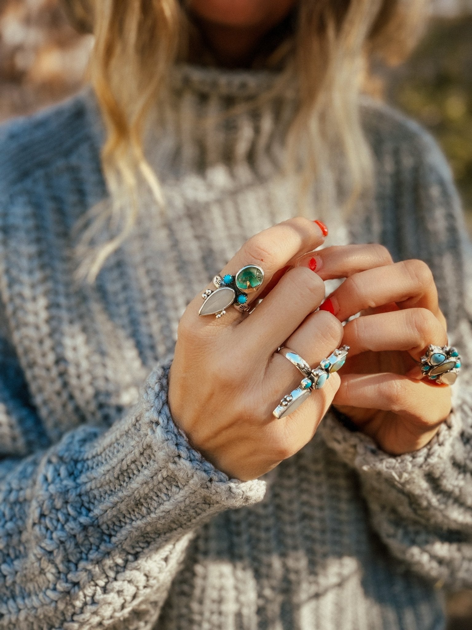 Moonstone & Green Fluorite + Lone Mtn Turquoise Ring (Size 8.5) - Golden Road Crafted