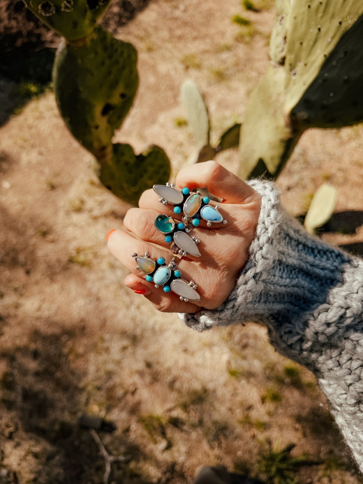 Moonstone & Green Fluorite + Lone Mtn Turquoise Ring (Size 8.5) - Golden Road Crafted